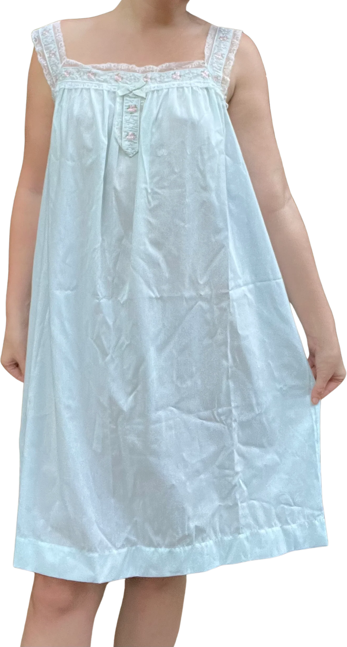 50s/60s Baby Blue Nightgown With Pink Embroidered Flowers By Heiress