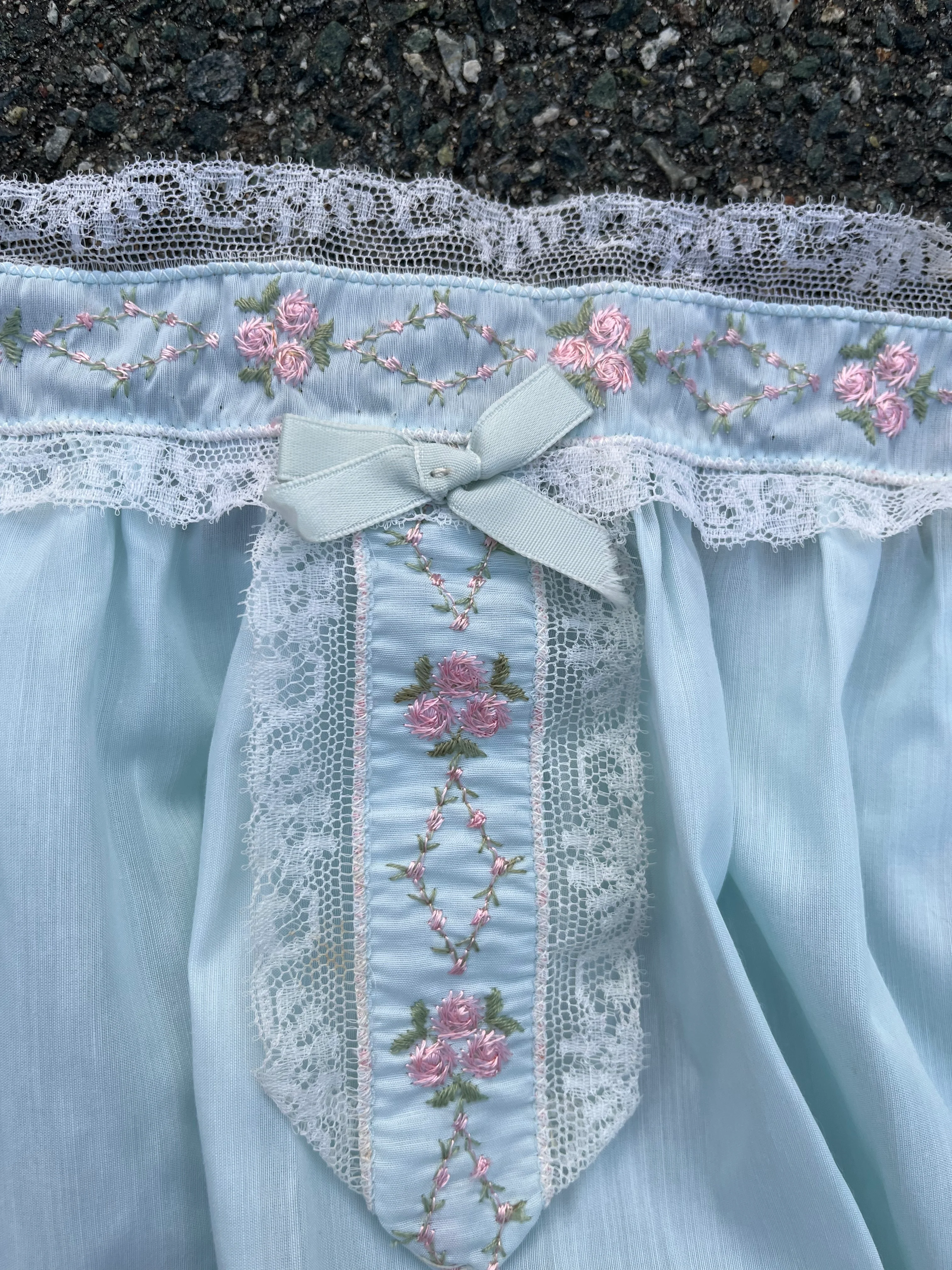 50s/60s Baby Blue Nightgown With Pink Embroidered Flowers By Heiress - Image 3