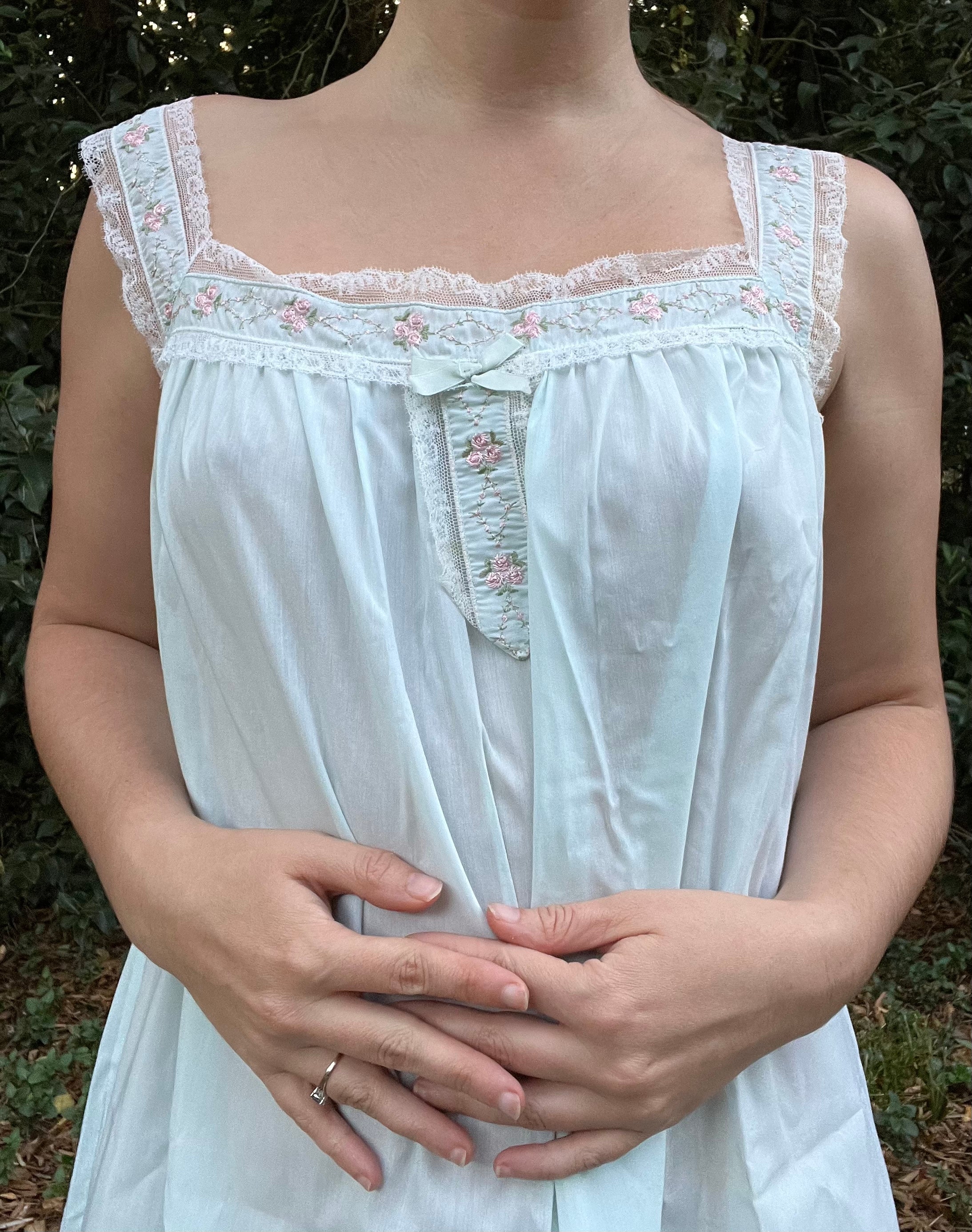 50s/60s Baby Blue Nightgown With Pink Embroidered Flowers By Heiress - Image 5