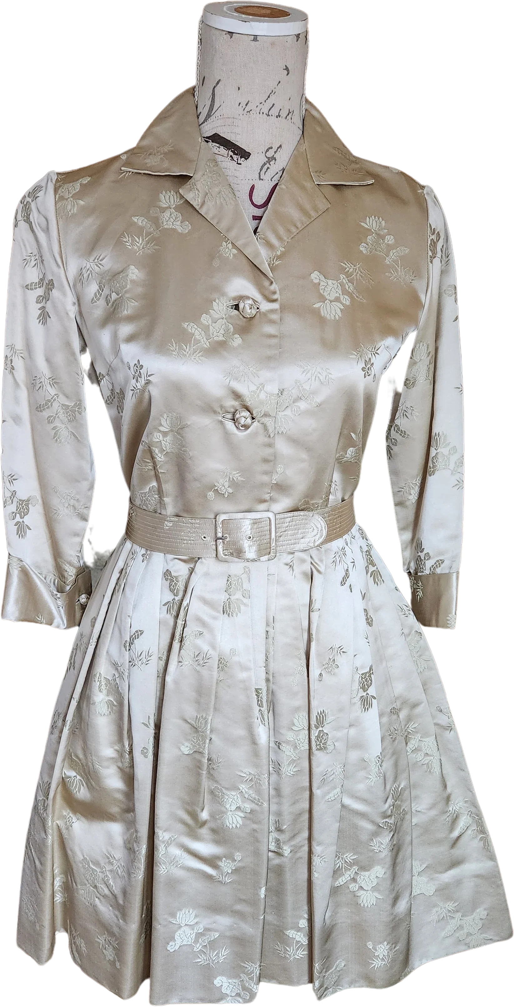 50s/60s Beige Silk Inspired Shirt Waist Dress by Dynasty for Bullocks