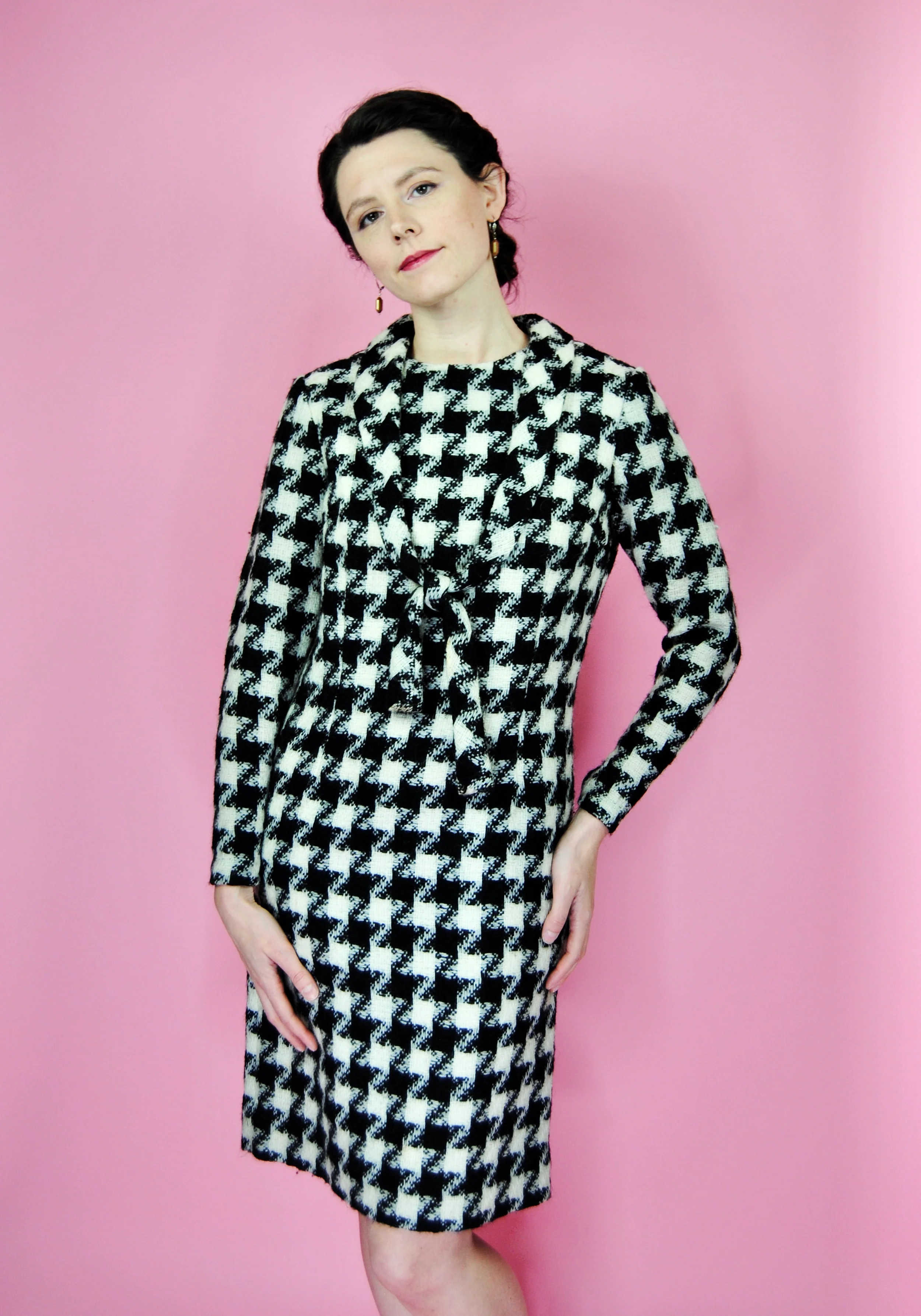 50s/60s Black And White Houndstooth Dress With Belt By Betty Barclay - Image 11