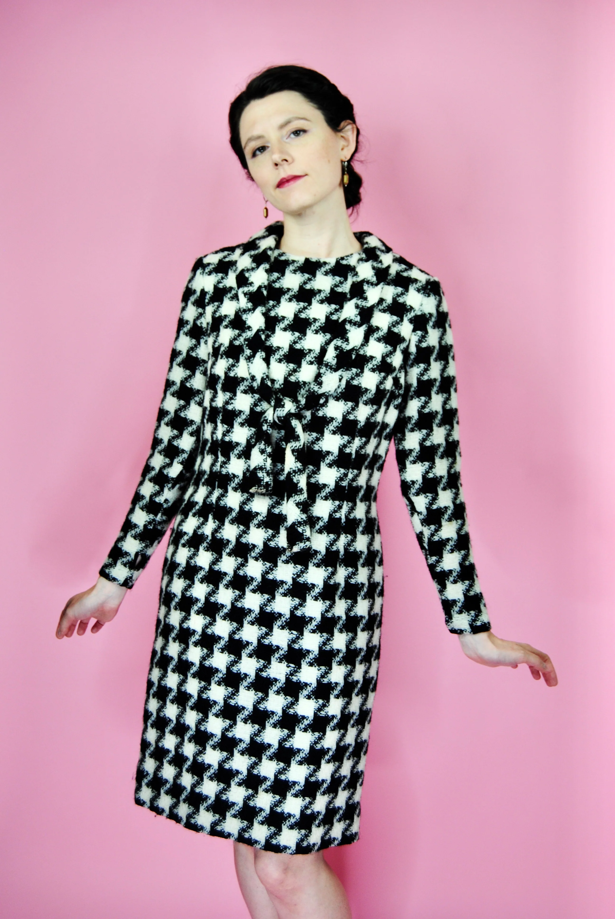 50s/60s Black And White Houndstooth Dress With Belt By Betty Barclay - Image 8