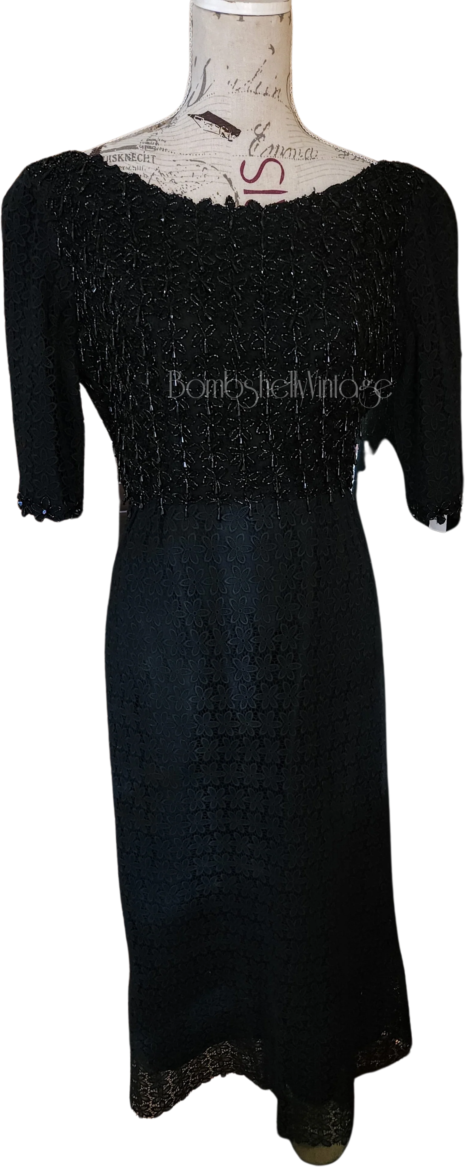 50s/60s Black Beaded Cocktail Dress With Lace Skirt