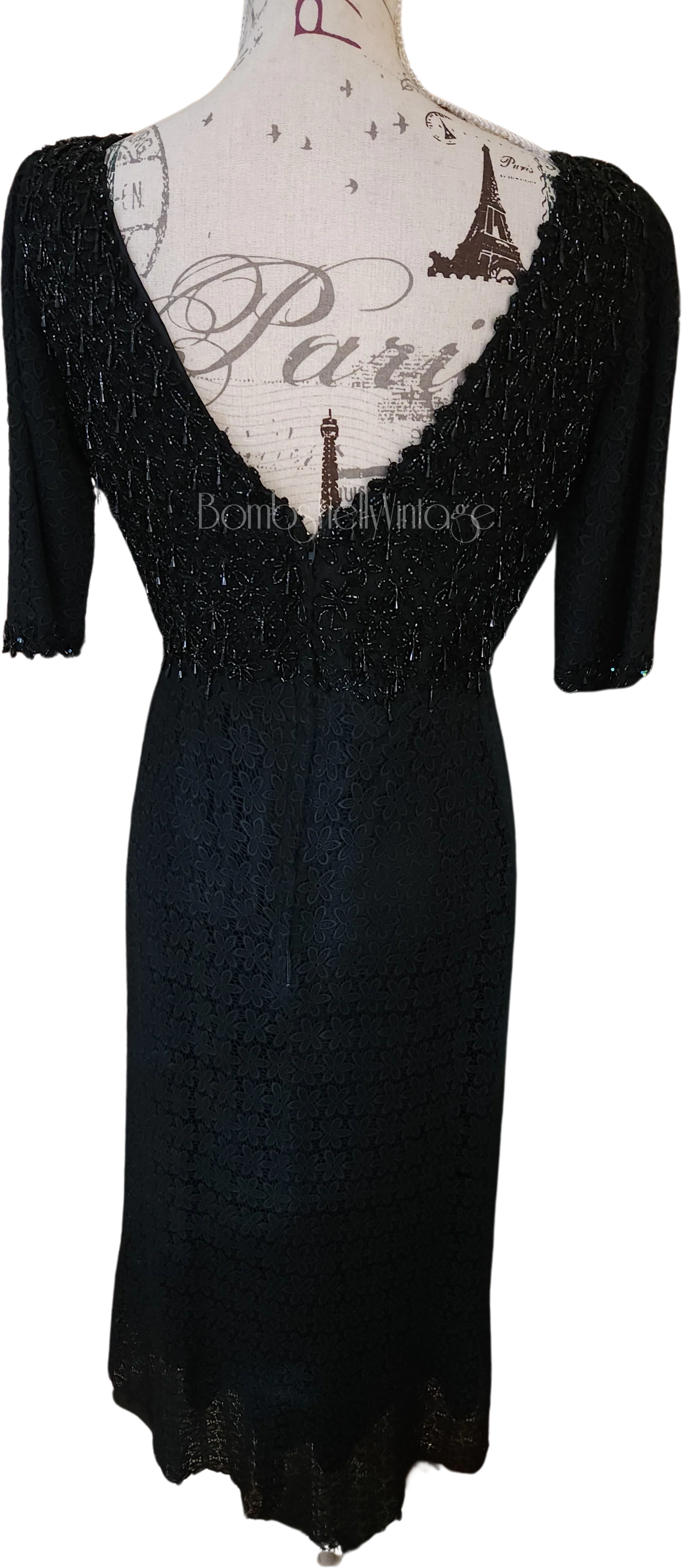 50s/60s Black Beaded Cocktail Dress With Lace Skirt - Image 2
