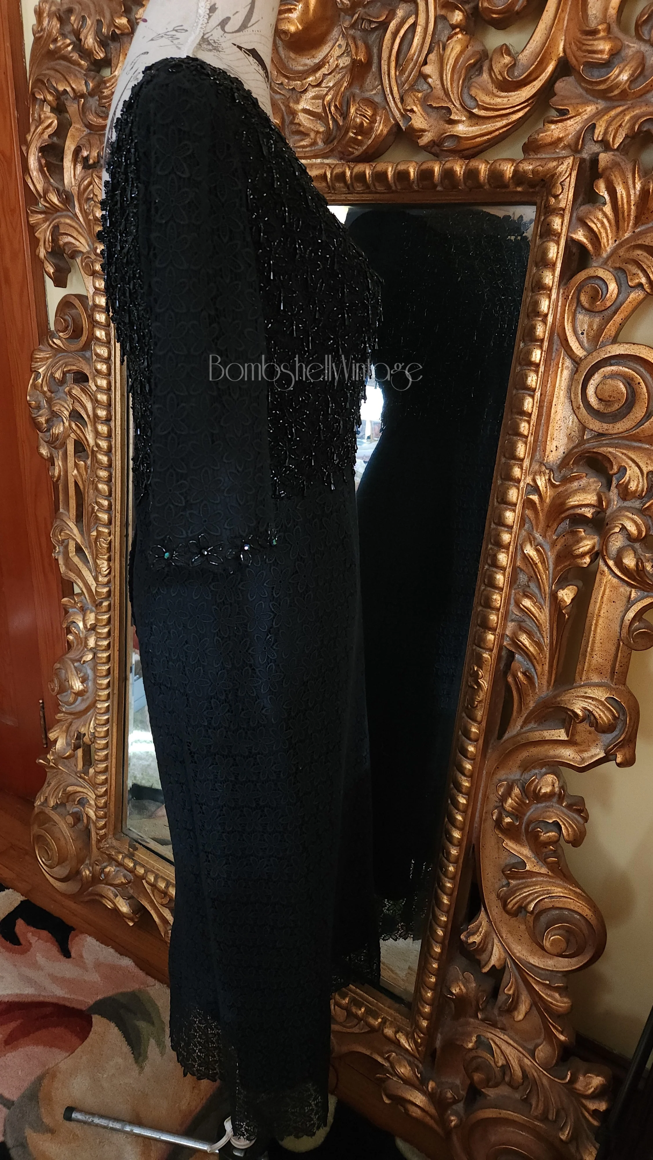 50s/60s Black Beaded Cocktail Dress With Lace Skirt - Image 3
