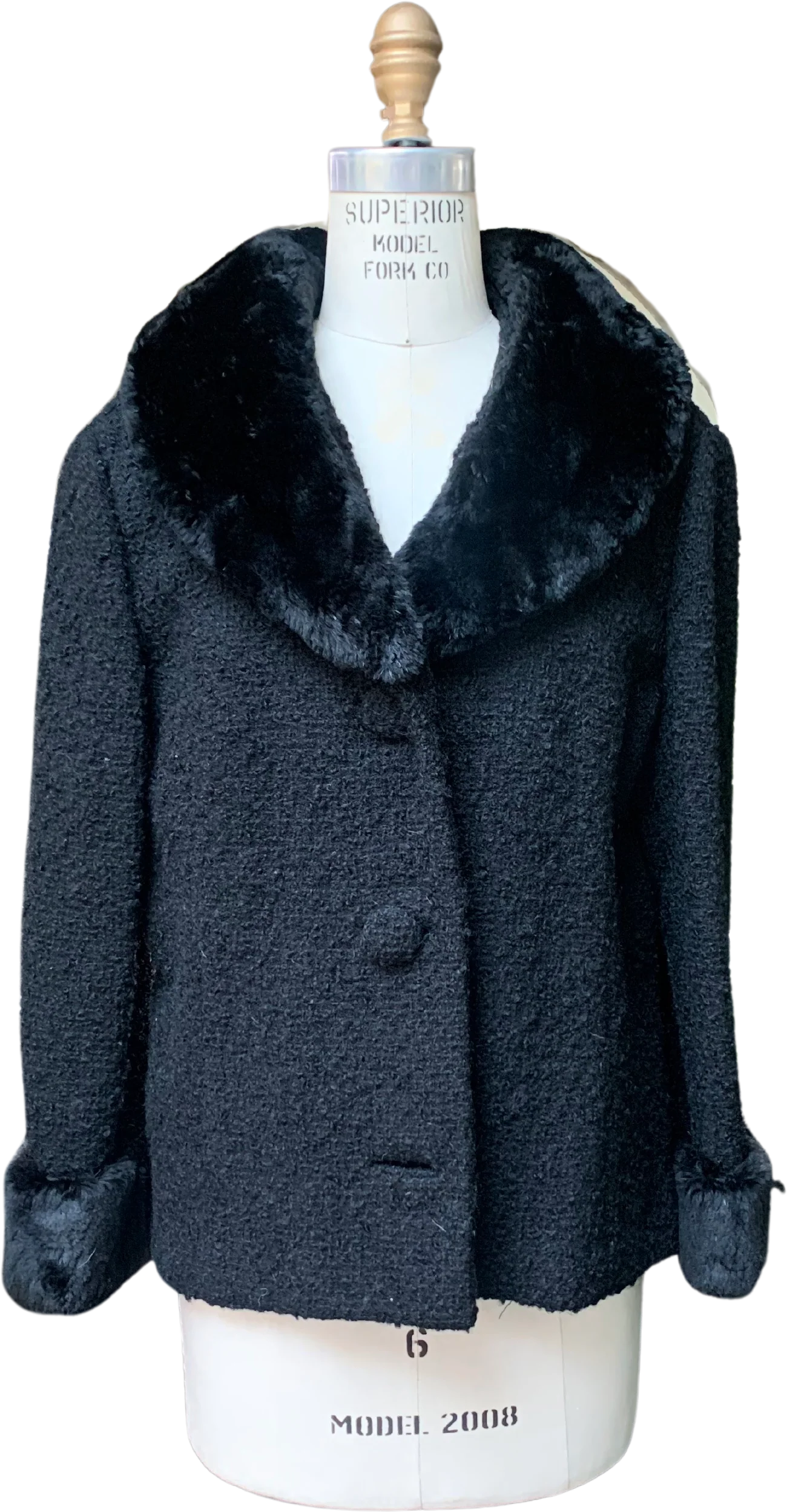 50s/60s Black Boucle Wool Fur Collar And Cuffs Jacket By Jack Feit
