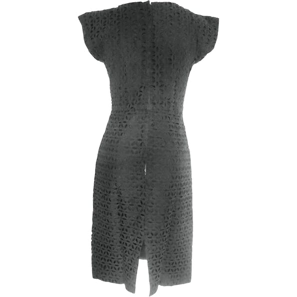 50s/60s Black Eyelet Sheath Dress Flattering Starburst - Image 2