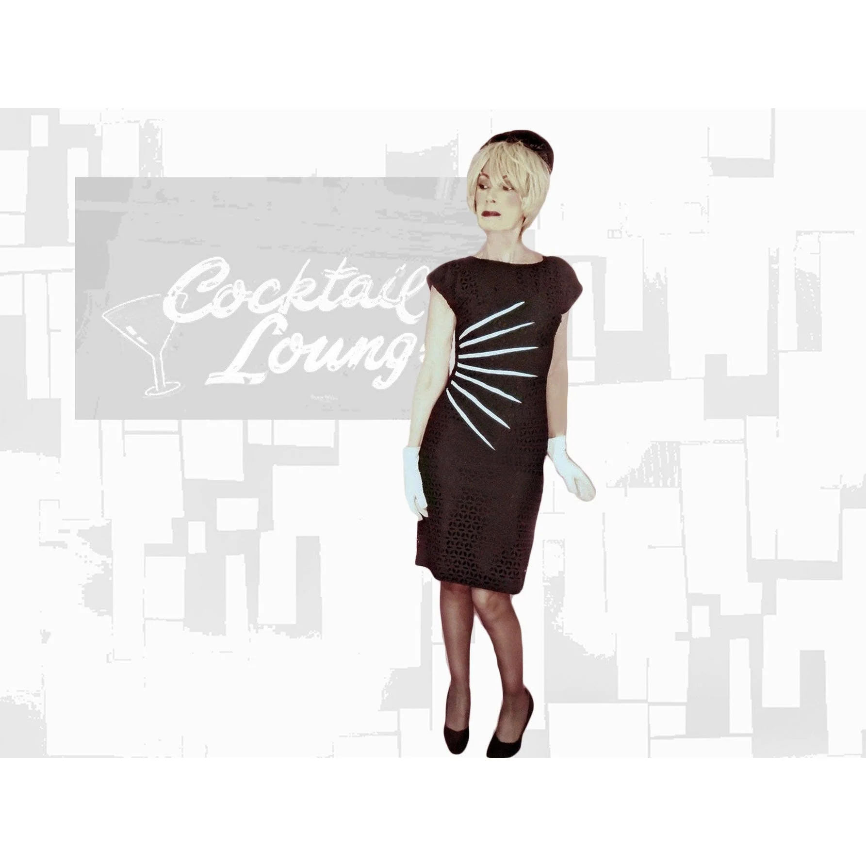 50s/60s Black Eyelet Sheath Dress Flattering Starburst - Image 3