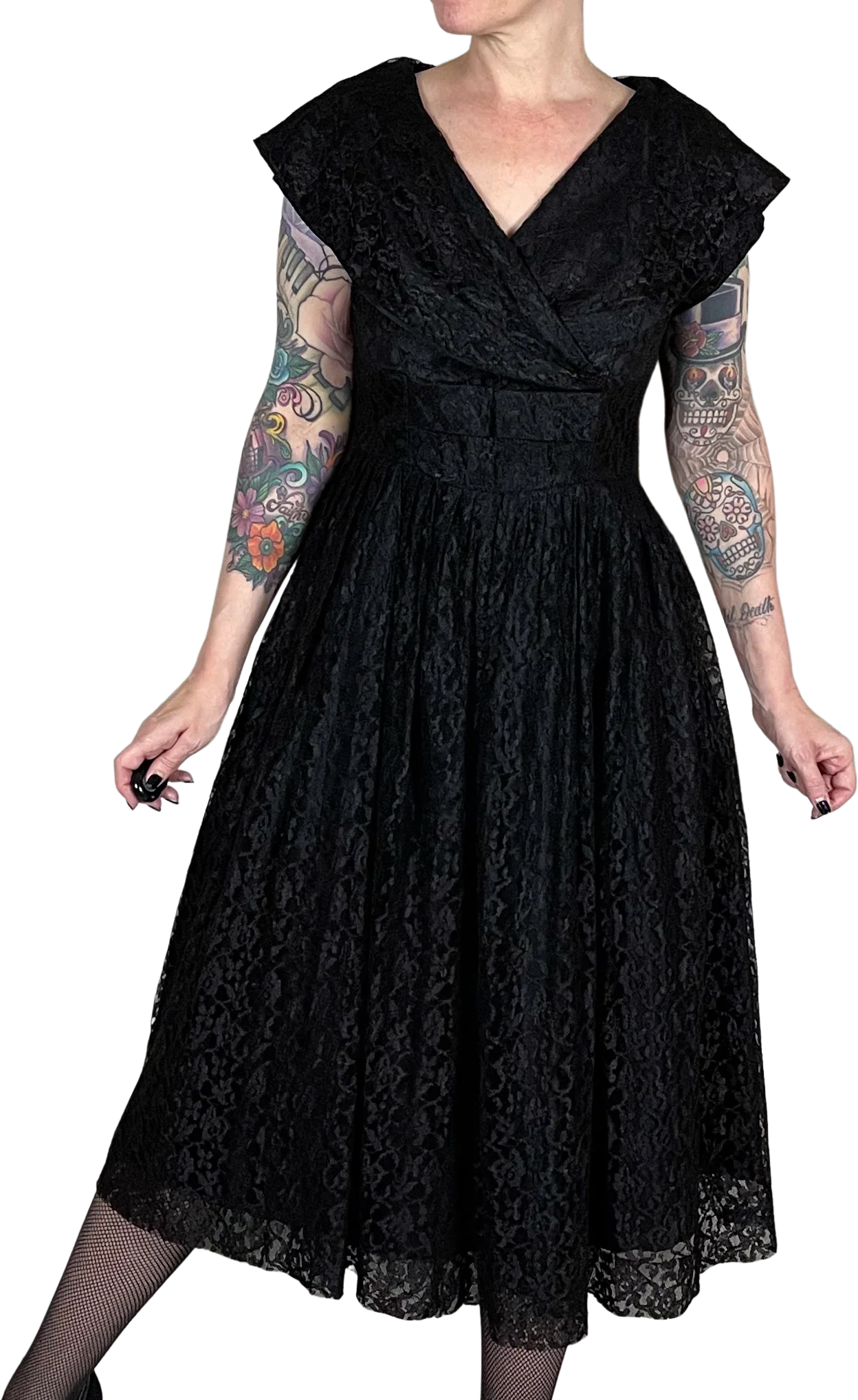 50s/60s Black Lace Collared Fit And Flare Midi Dress