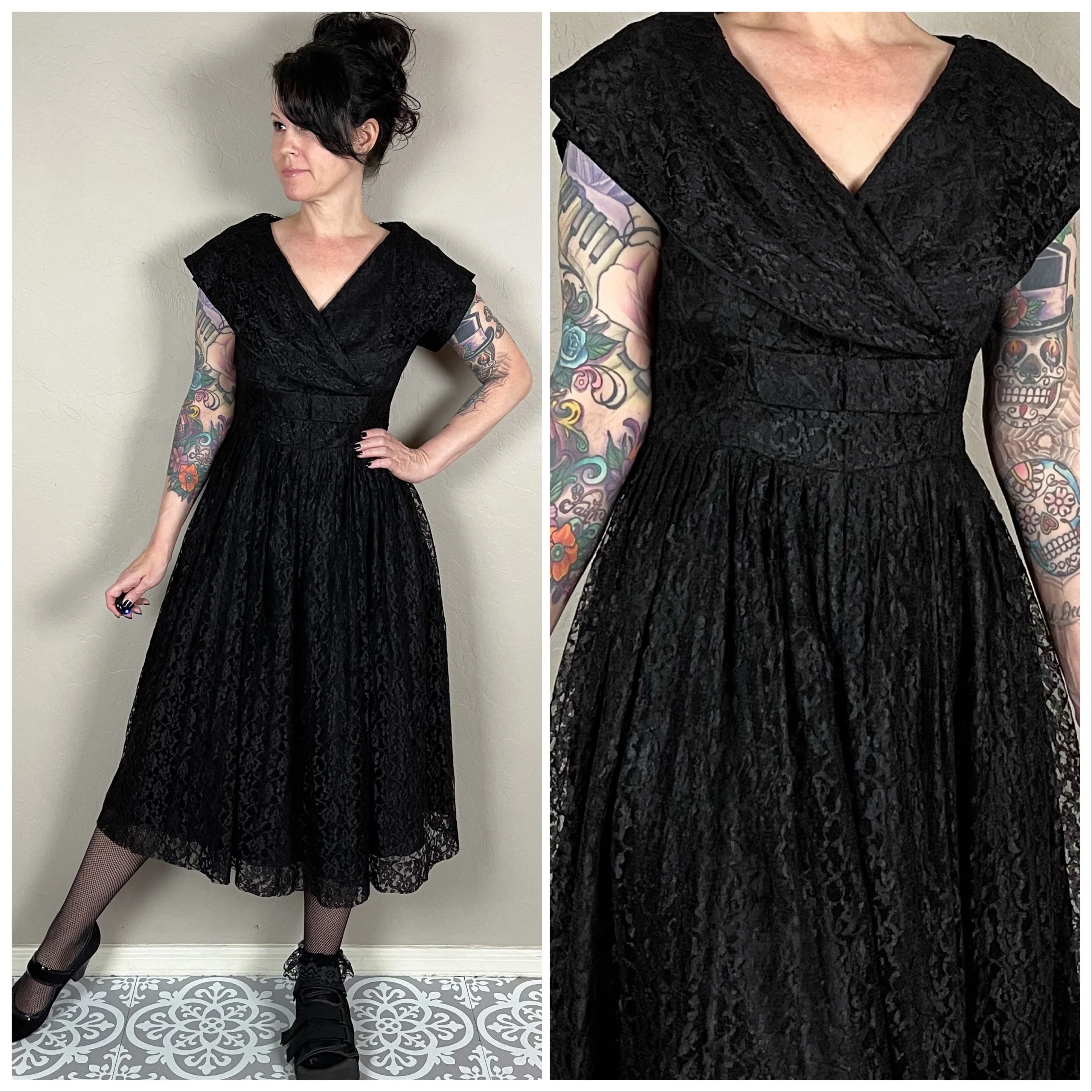 50s/60s Black Lace Collared Fit And Flare Midi Dress - Image 2
