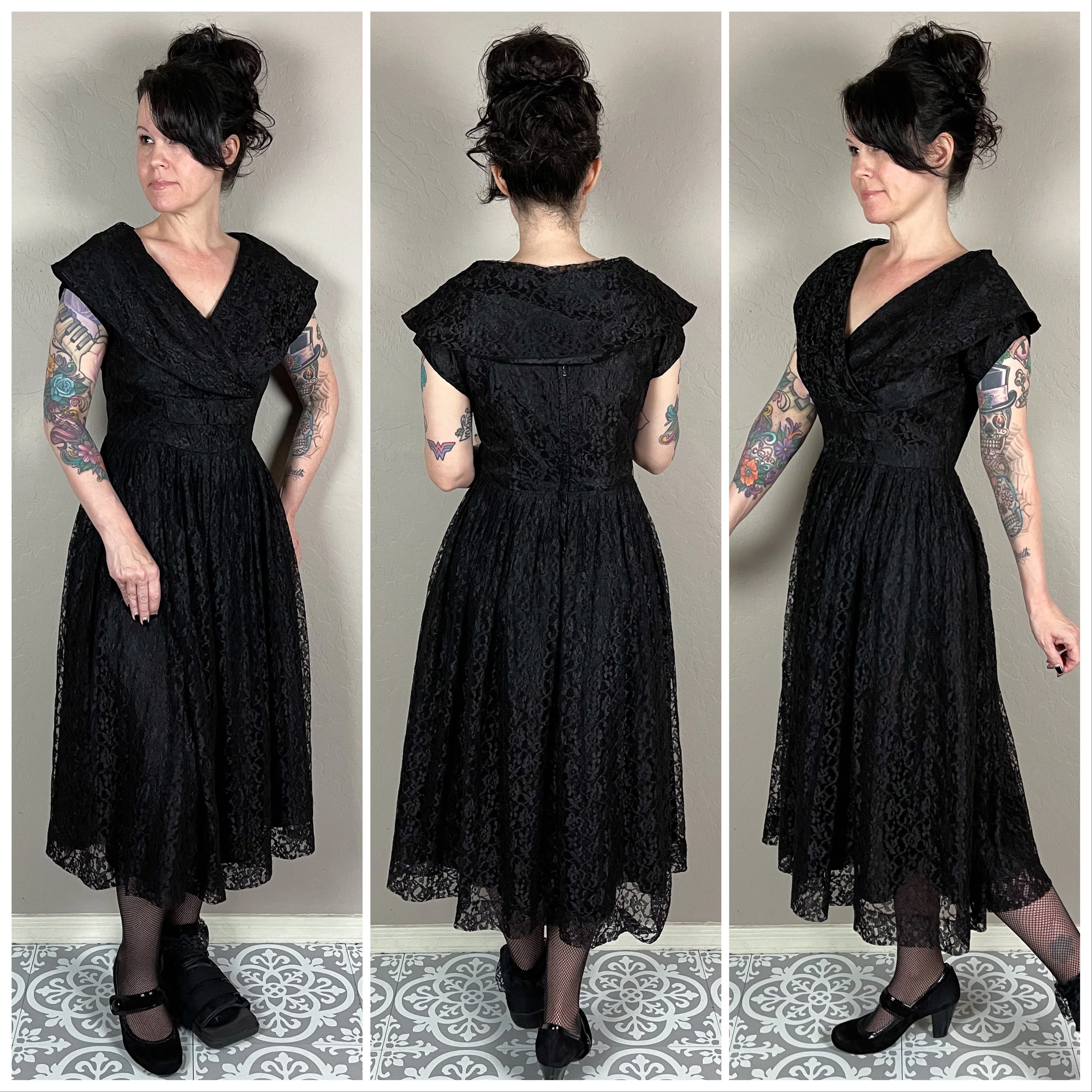 50s/60s Black Lace Collared Fit And Flare Midi Dress - Image 3