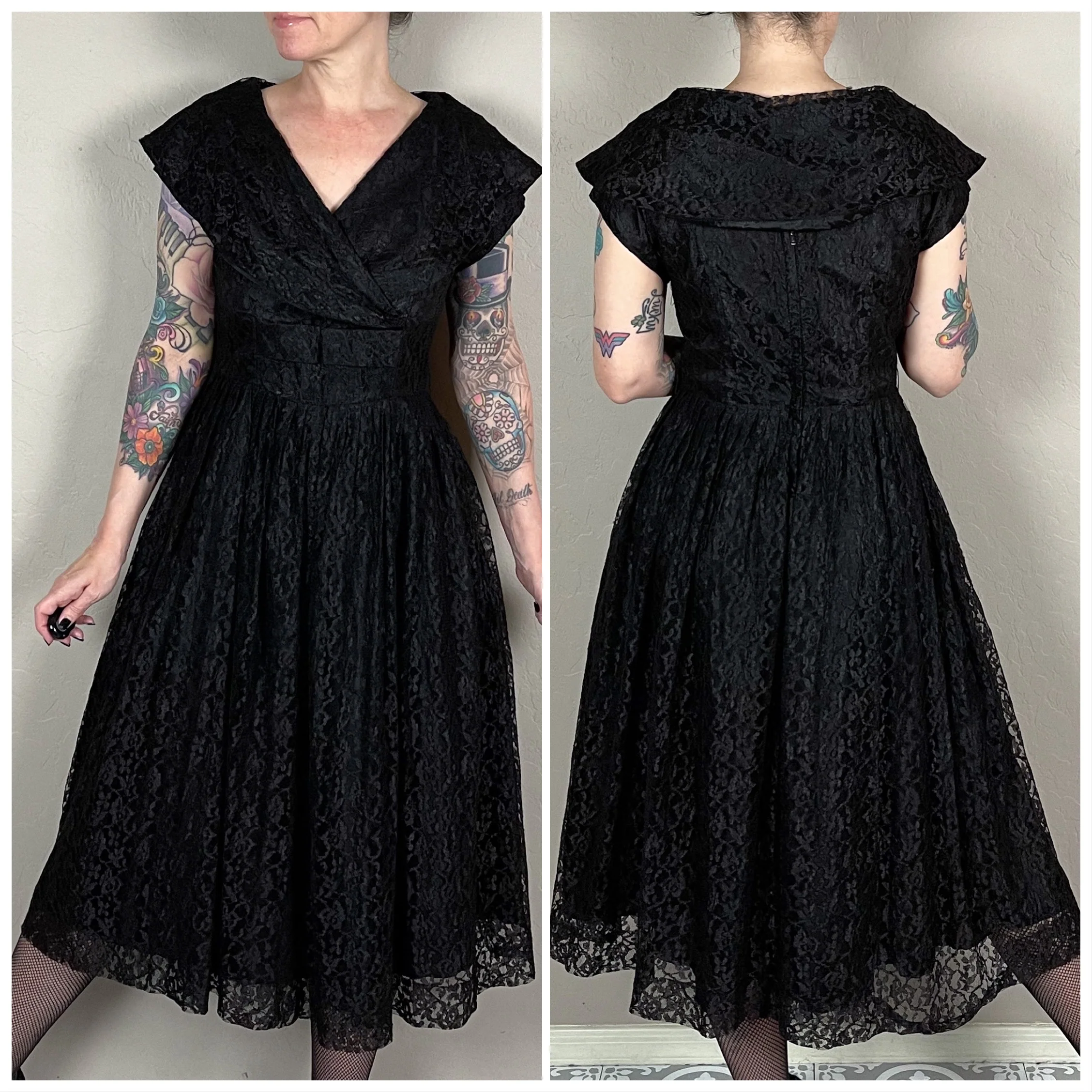 50s/60s Black Lace Collared Fit And Flare Midi Dress - Image 4