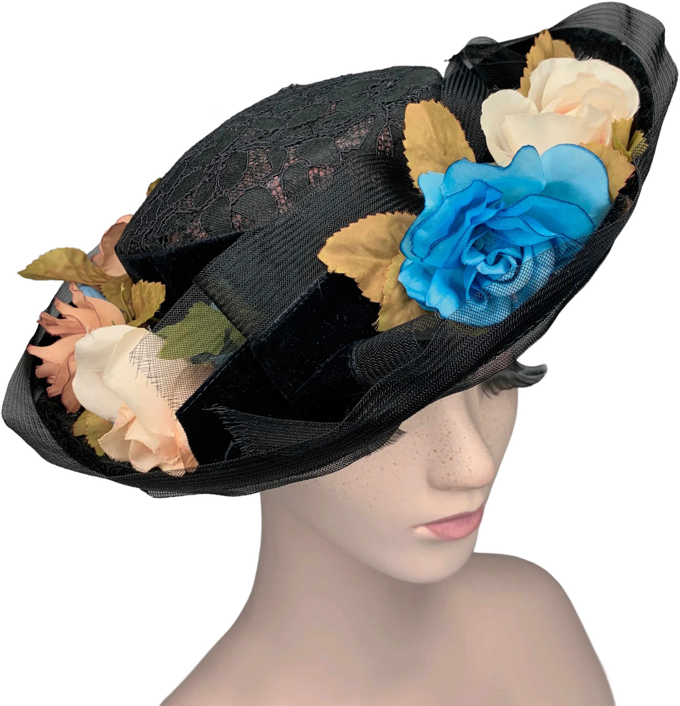 50s/60s Black Lace Goth Floral Wide Brim Tilt Hat By Vivi by Elite