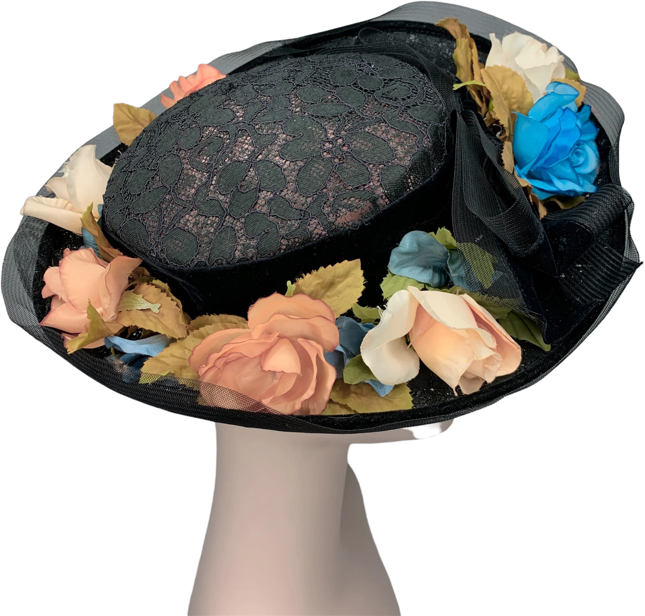 50s/60s Black Lace Goth Floral Wide Brim Tilt Hat By Vivi by Elite - Image 2