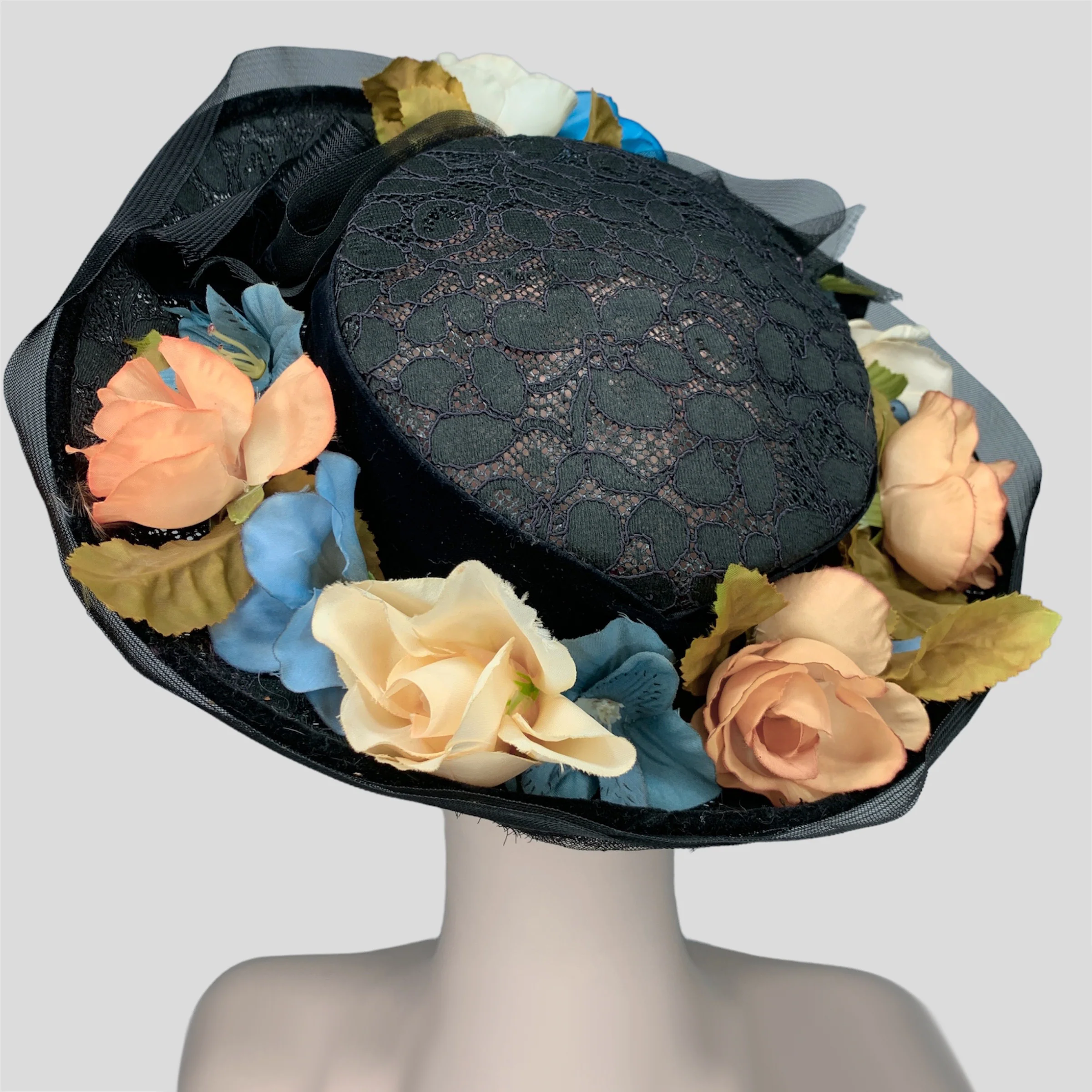50s/60s Black Lace Goth Floral Wide Brim Tilt Hat By Vivi by Elite - Image 3