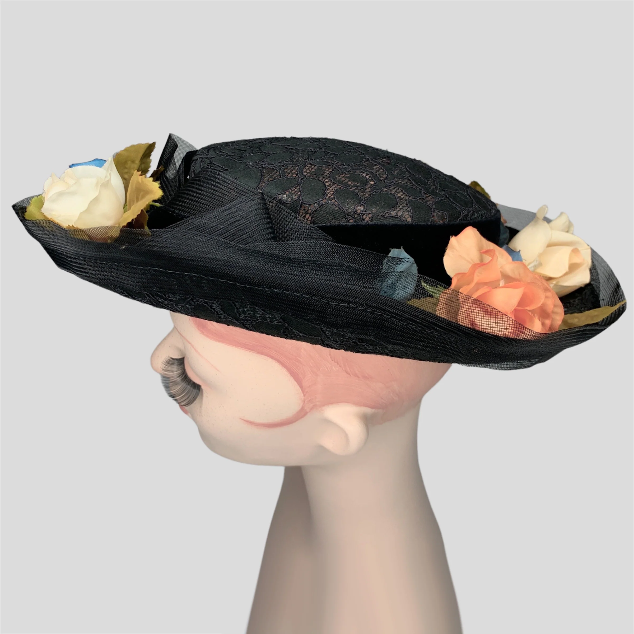 50s/60s Black Lace Goth Floral Wide Brim Tilt Hat By Vivi by Elite - Image 4