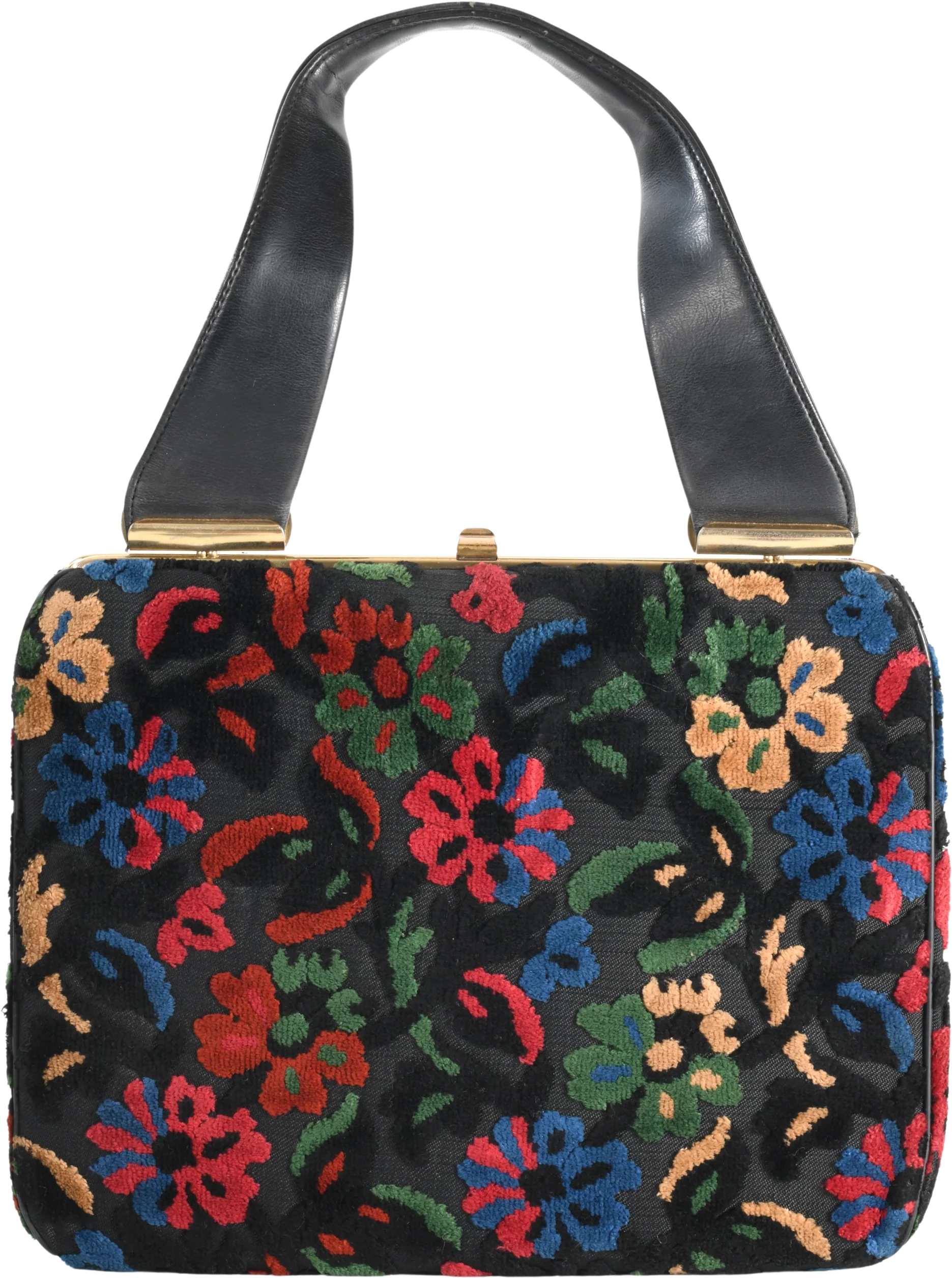 50s/60s Black Multicolored Floral Cut Carpetbag Purse