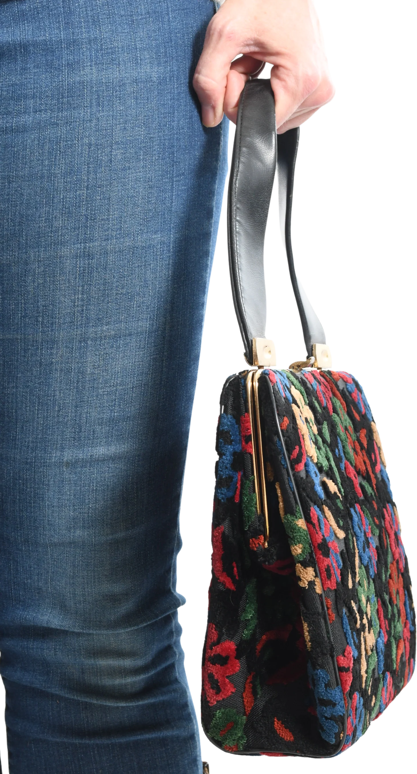 50s/60s Black Multicolored Floral Cut Carpetbag Purse - Image 2