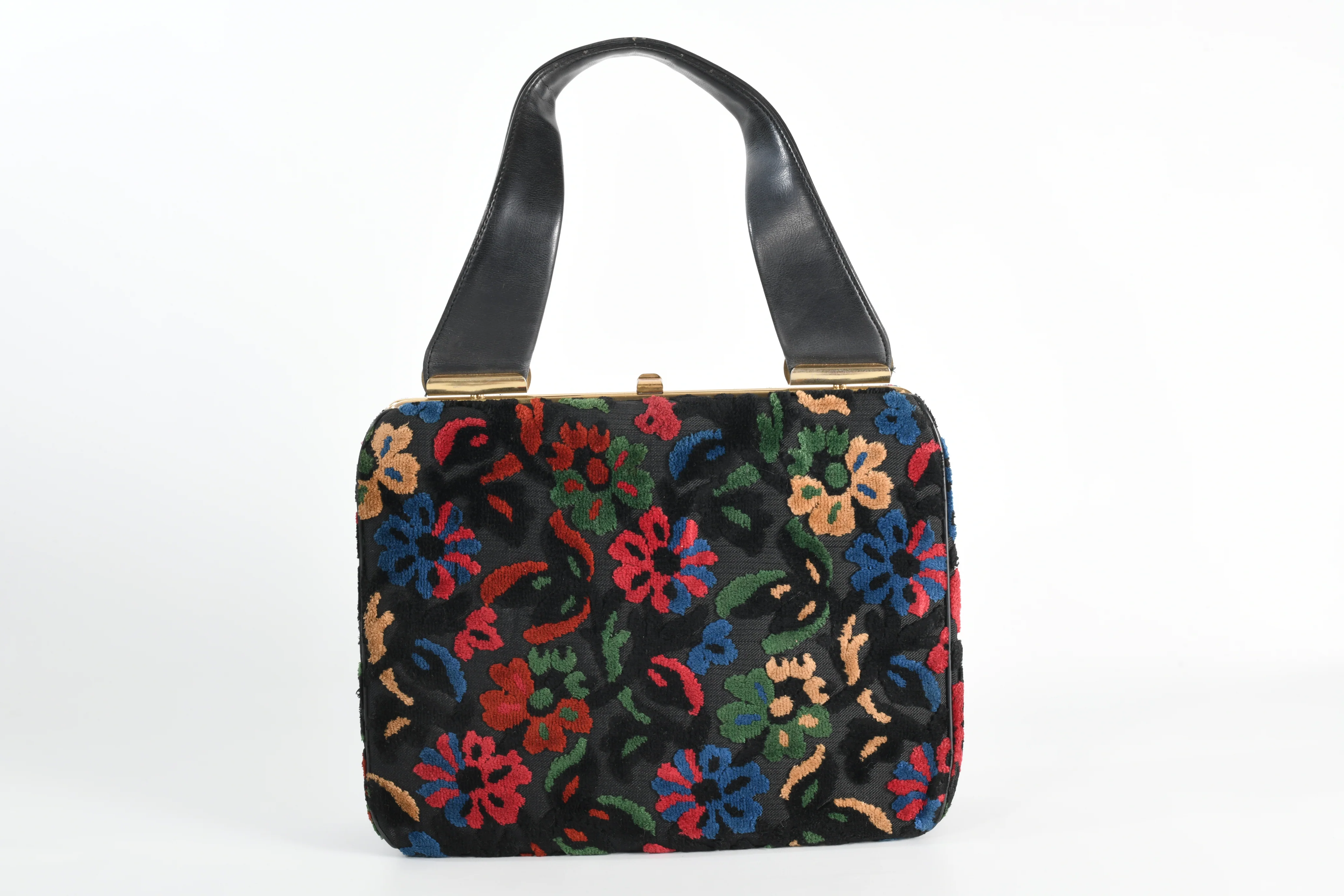 50s/60s Black Multicolored Floral Cut Carpetbag Purse - Image 3