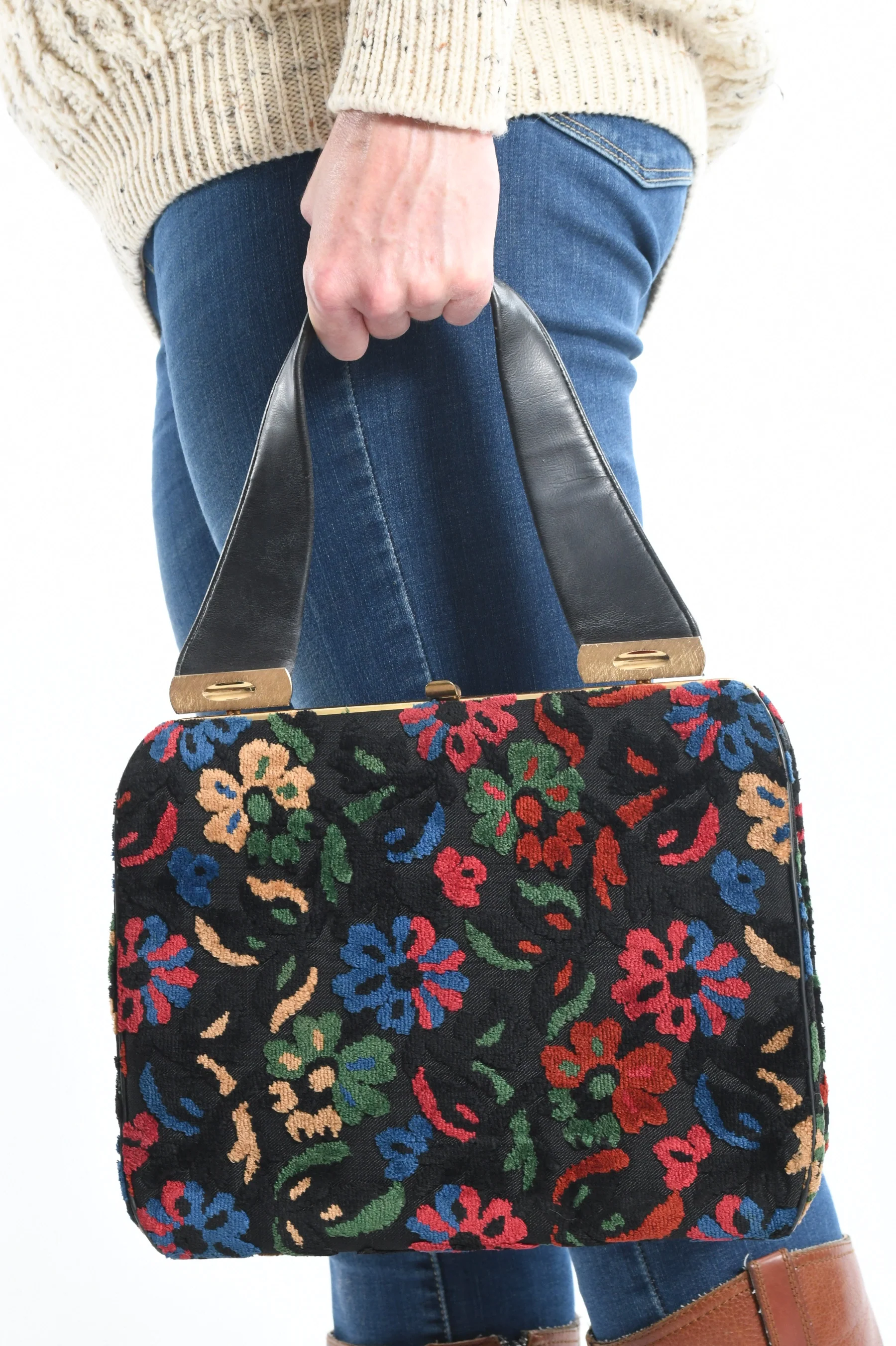 50s/60s Black Multicolored Floral Cut Carpetbag Purse - Image 4
