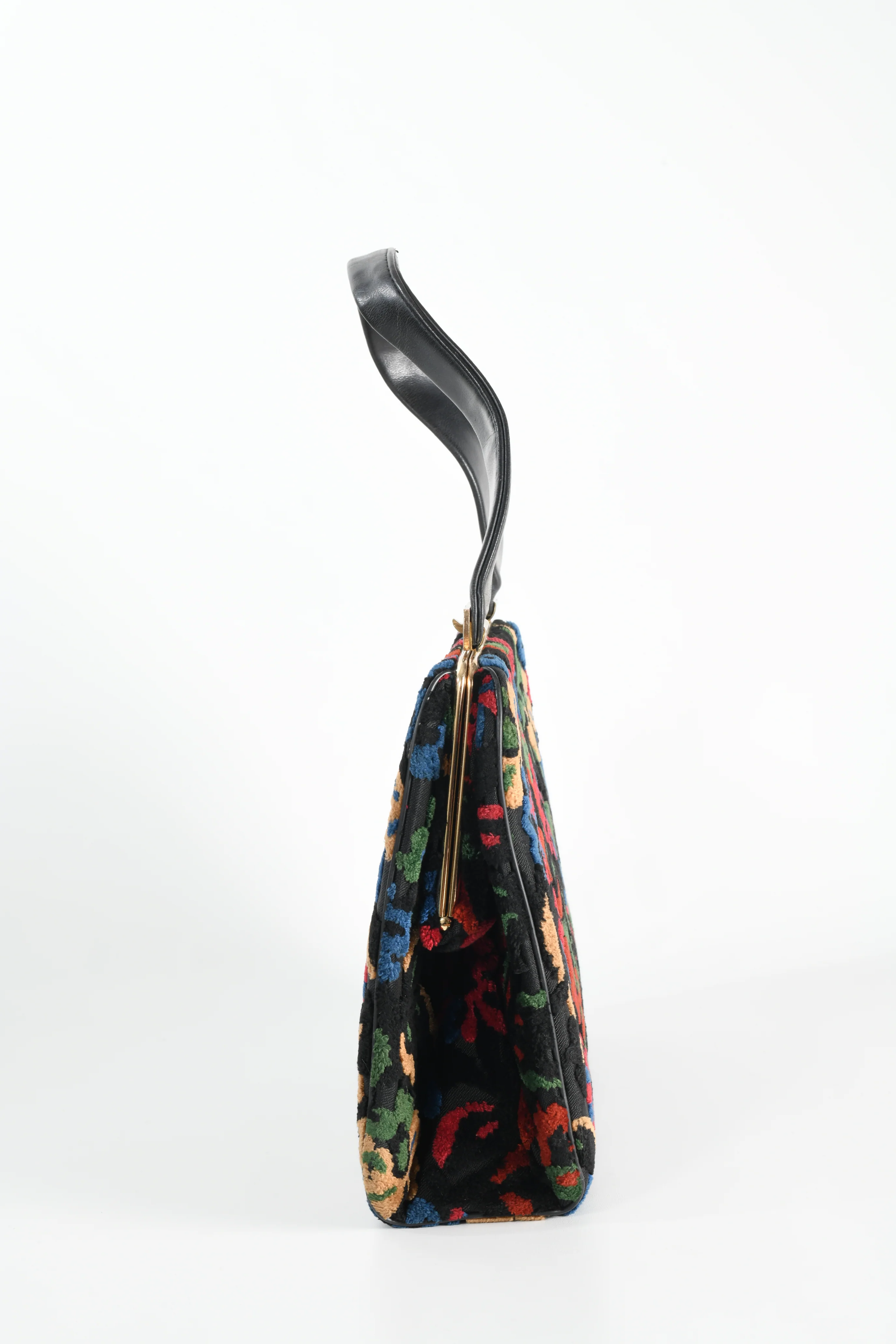 50s/60s Black Multicolored Floral Cut Carpetbag Purse - Image 5