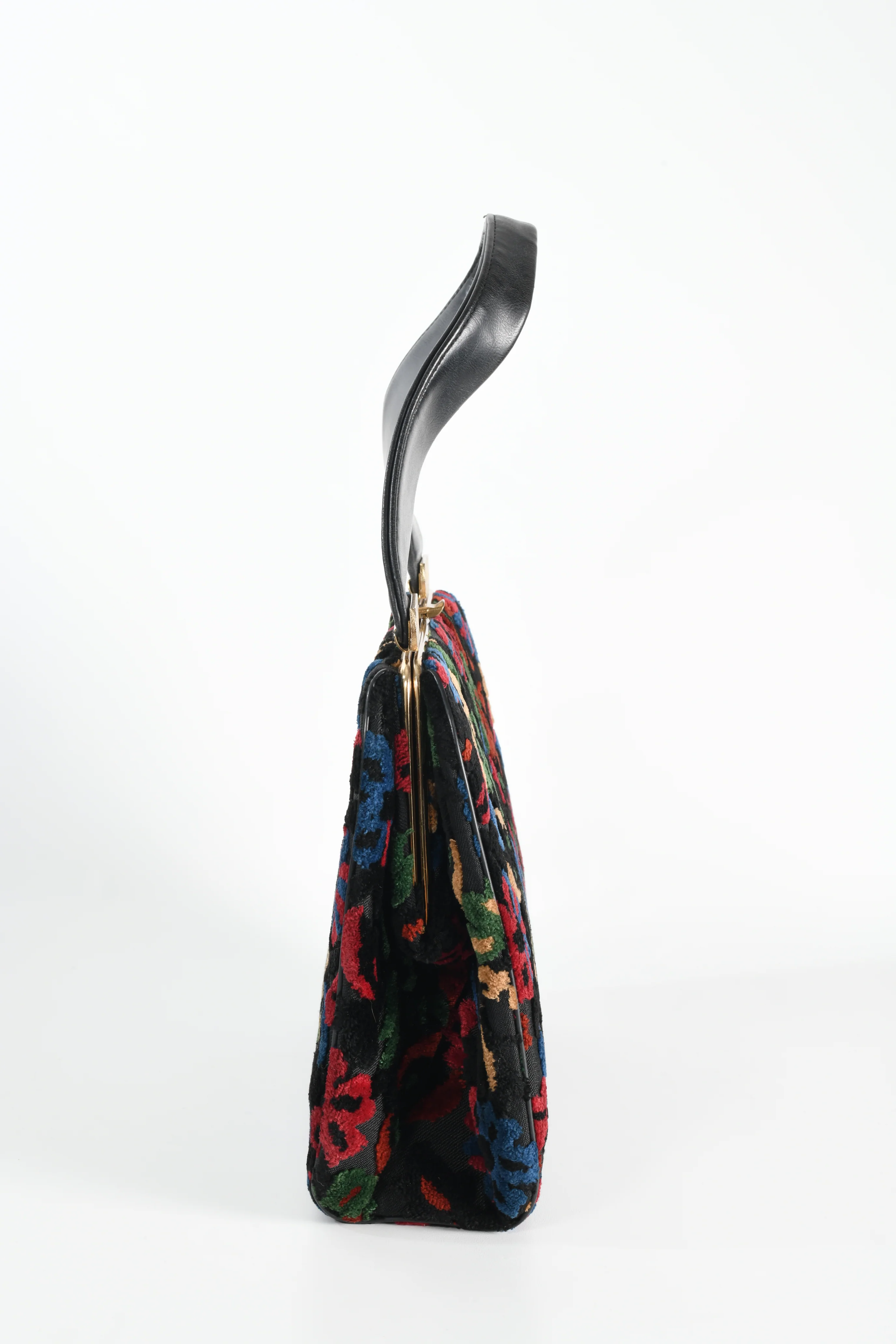 50s/60s Black Multicolored Floral Cut Carpetbag Purse - Image 6