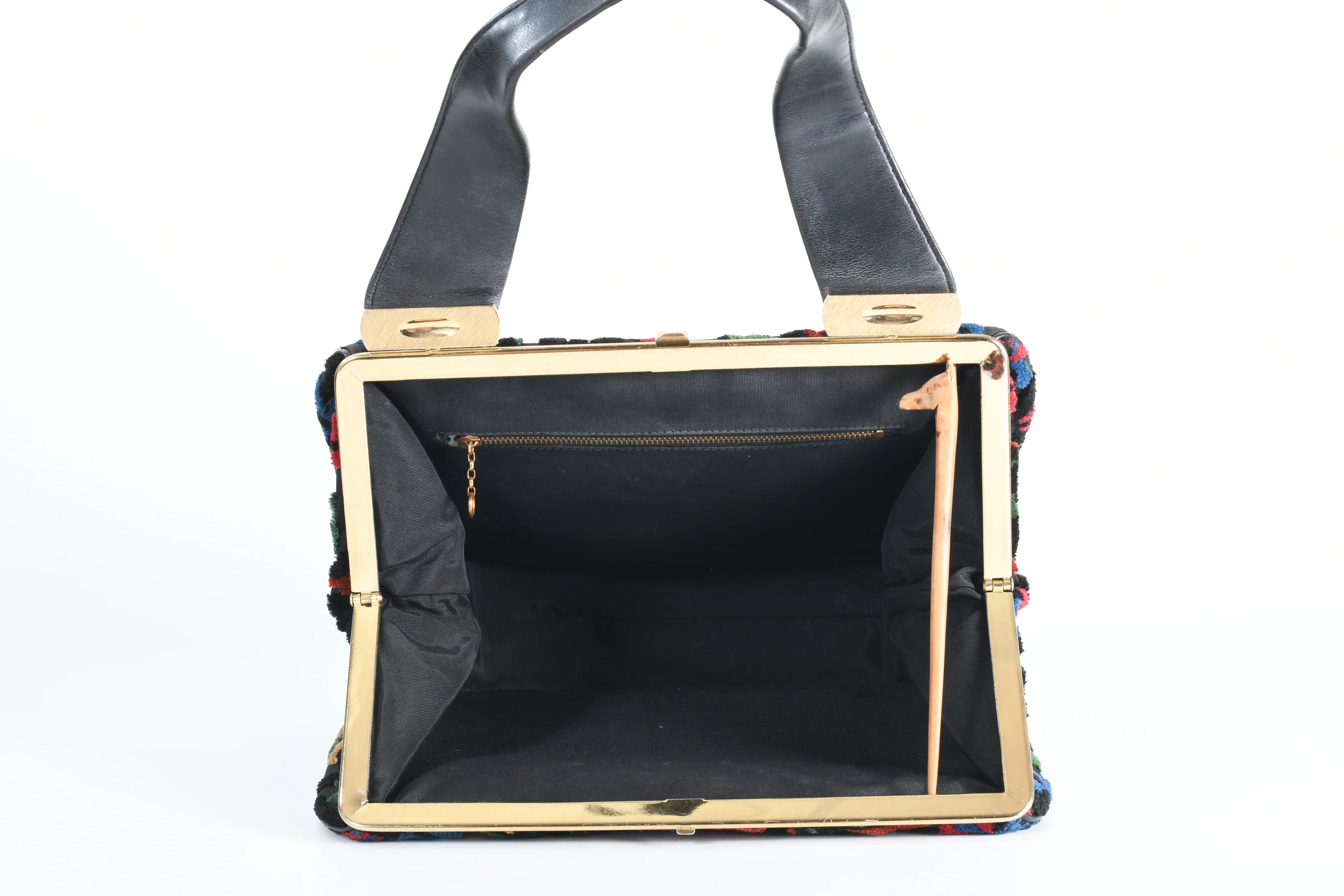 50s/60s Black Multicolored Floral Cut Carpetbag Purse - Image 8