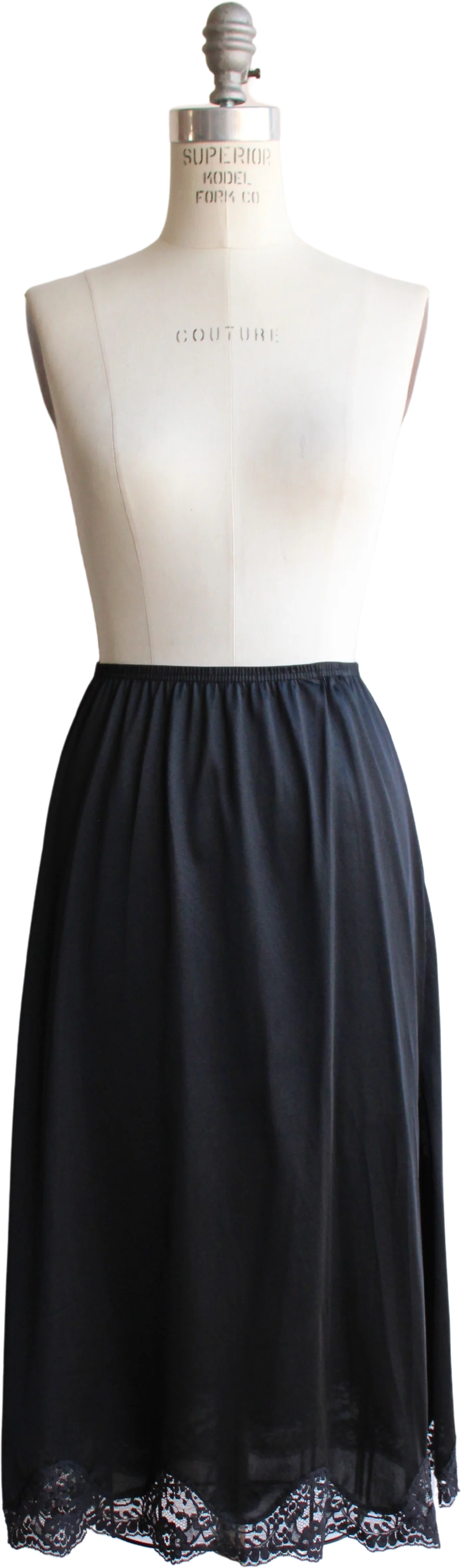50s/60s Black Nylon Half Slip With Lace Trim And Side Slit
