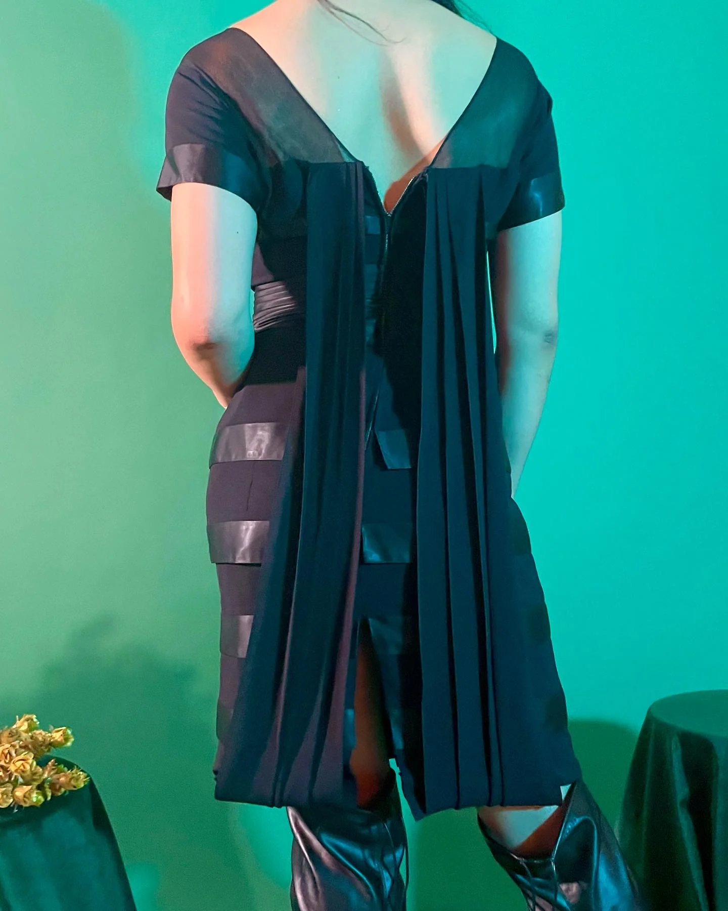 50s/60s Black Pleated Satin Accent Winged Cocktail Dress By An Americana Fashion - Image 2