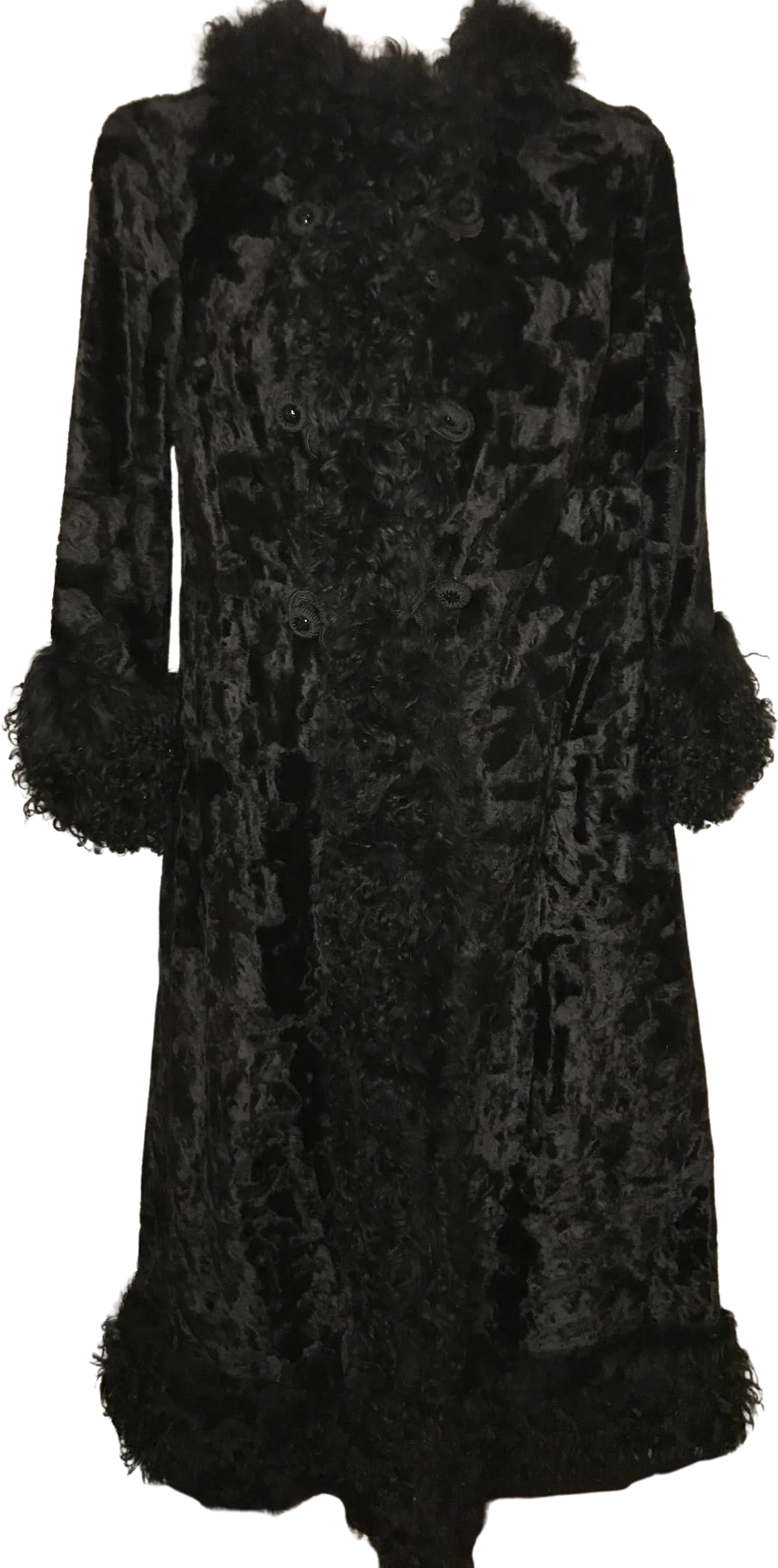 50s/60s Black Velvet Curly Mongolian Lamb Fur Duster Coat By Russell Taylor