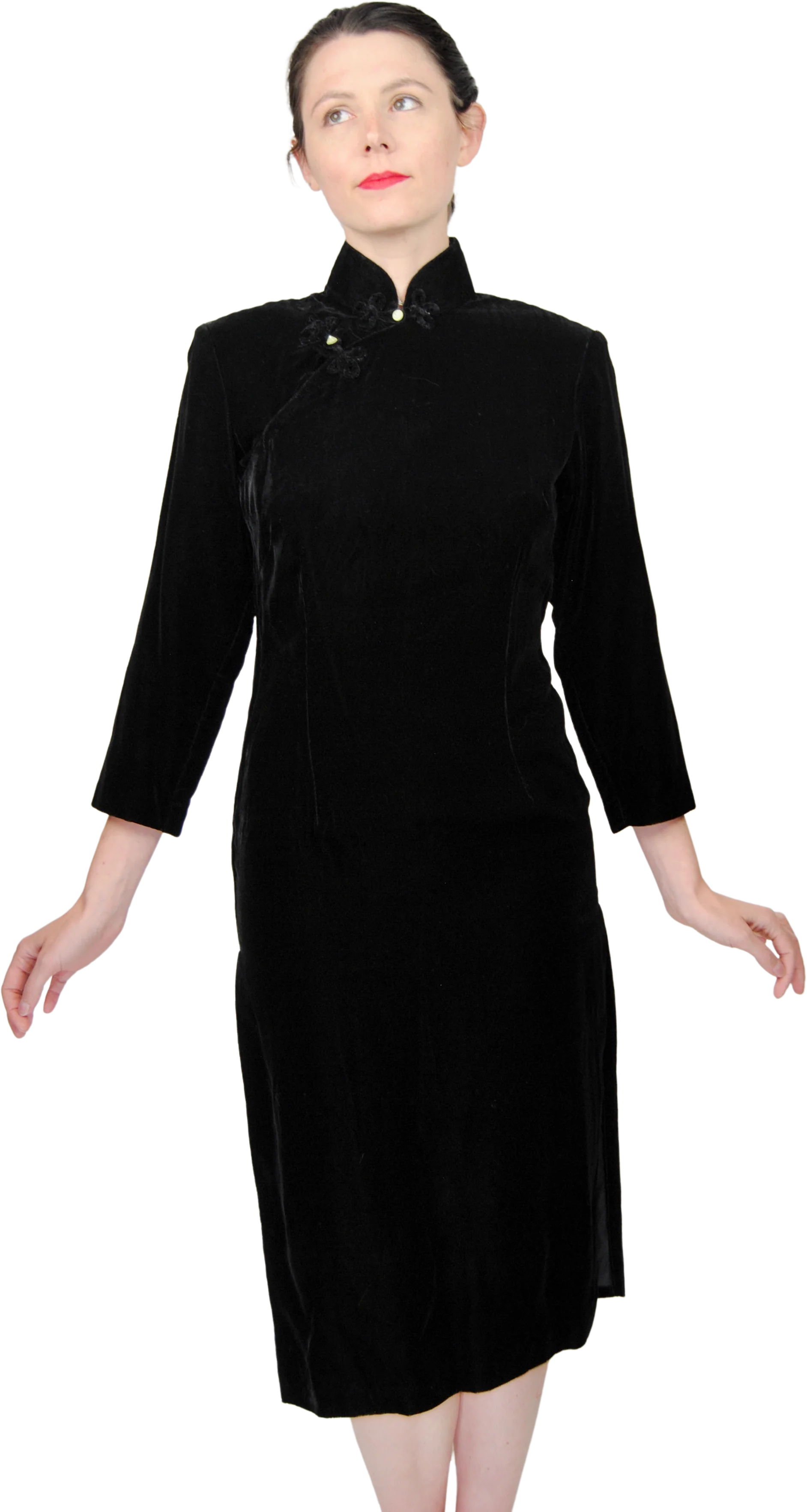 50s/60s Black Velvet Dress With Mandarin Collar