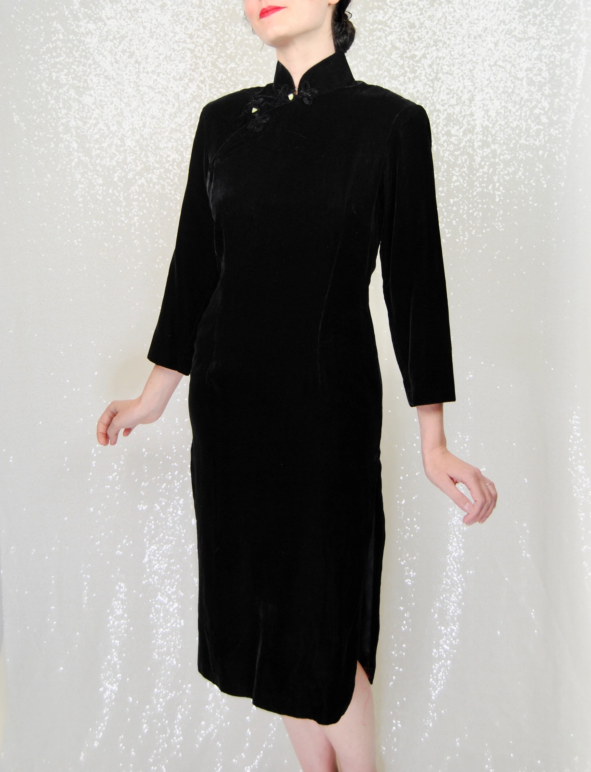 50s/60s Black Velvet Dress With Mandarin Collar - Image 8