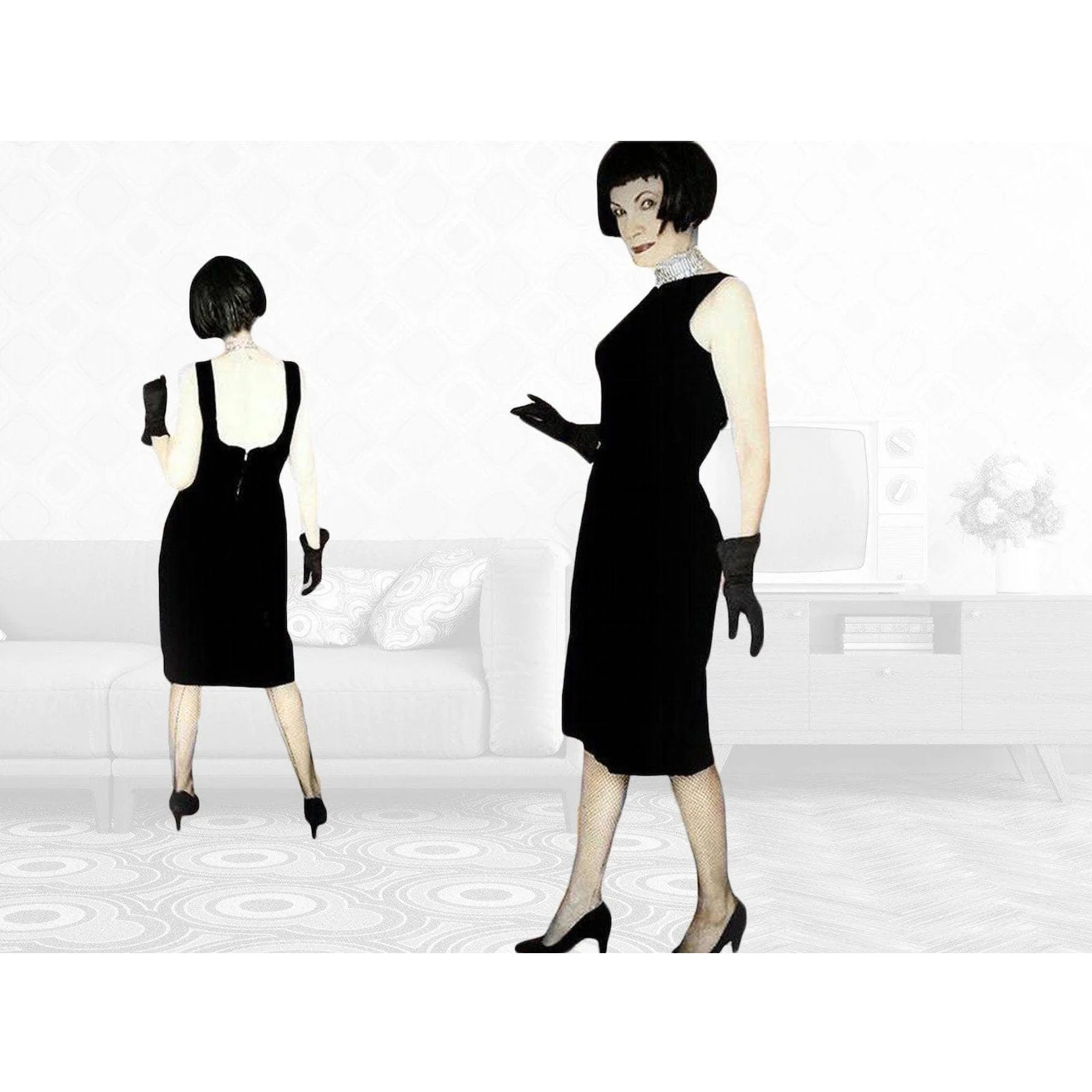 50s/60s Black Velvet Minimalist Sheath Dress Casino Lounge - Image 3