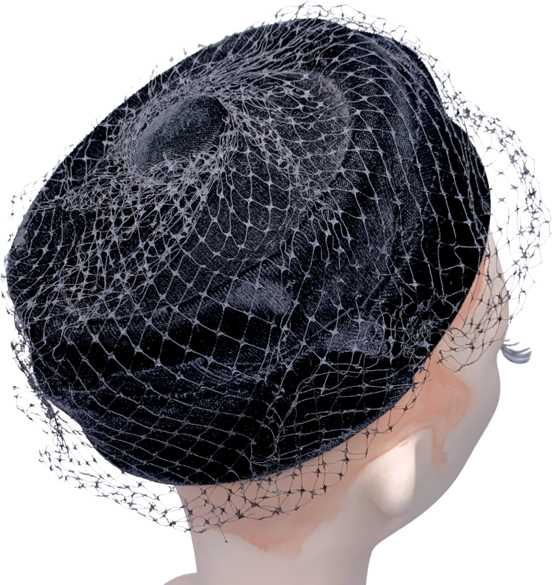 50s/60s Black Velvet Pillbox Mourning Hat Swirl Net