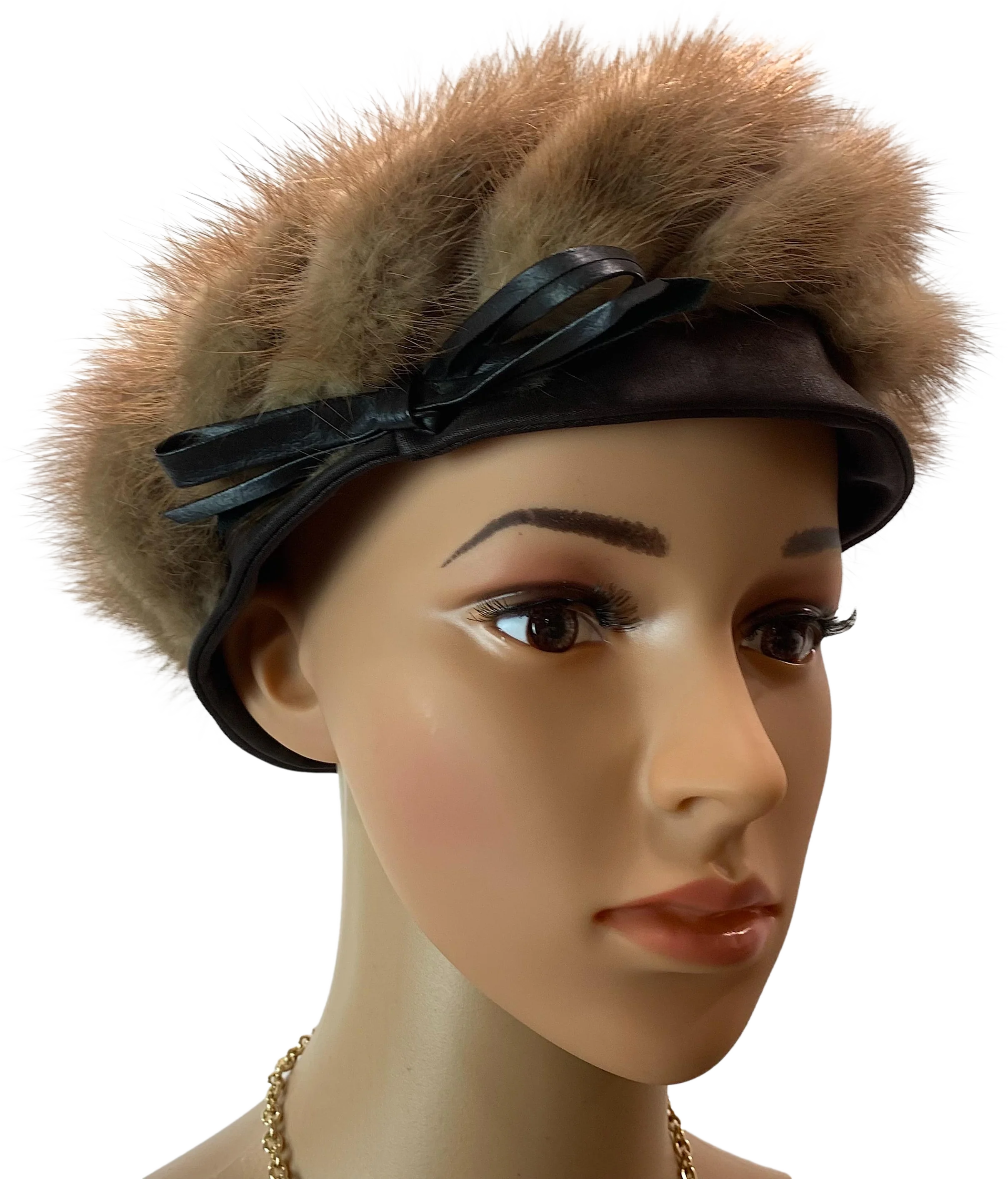 50s/60s Blonde Mink Fur Hat Beret With Faux Leather Bow By Winkelman's - Image 2