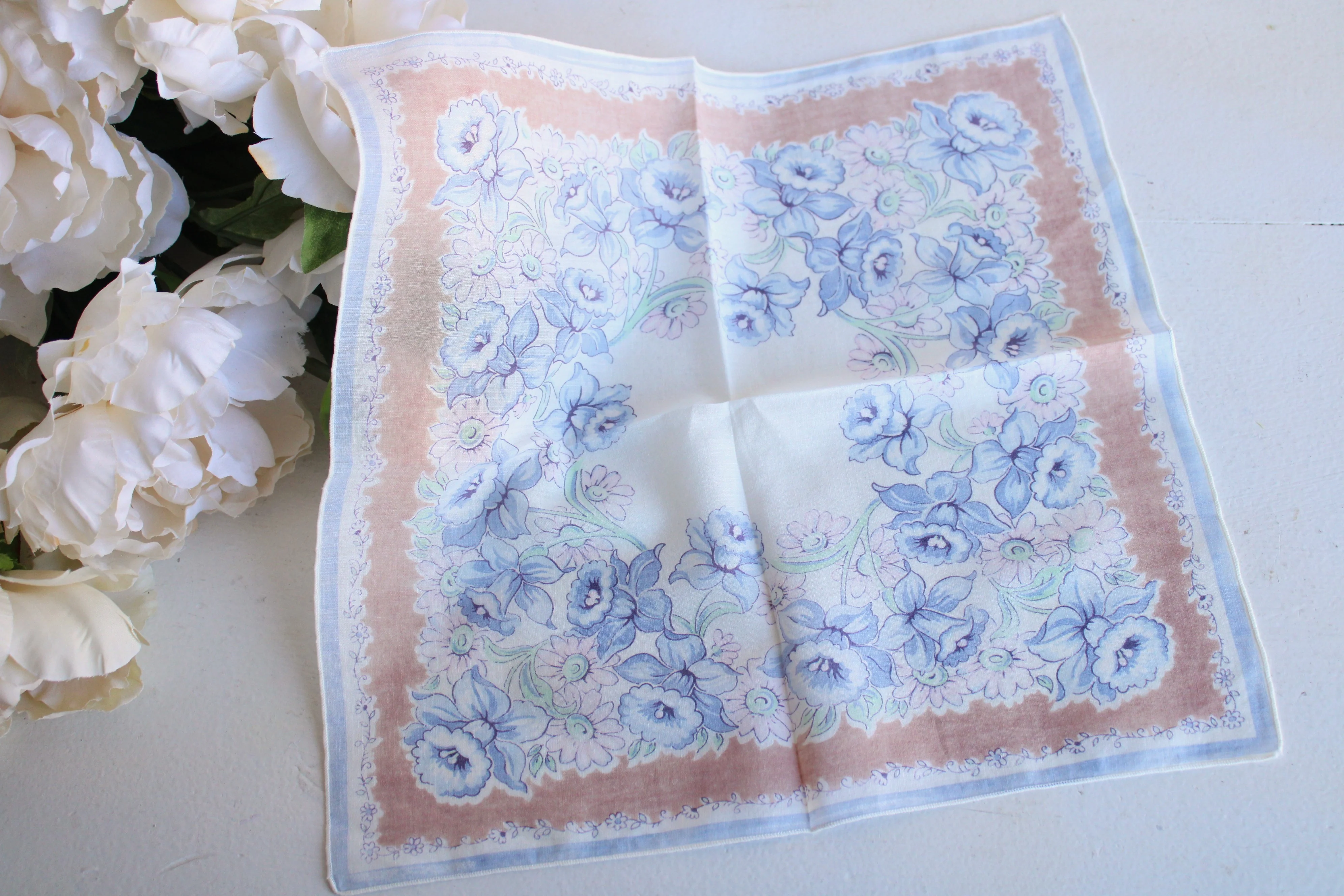 50s/60s Blue And Brown Floral Print Handkerchief - Image 2