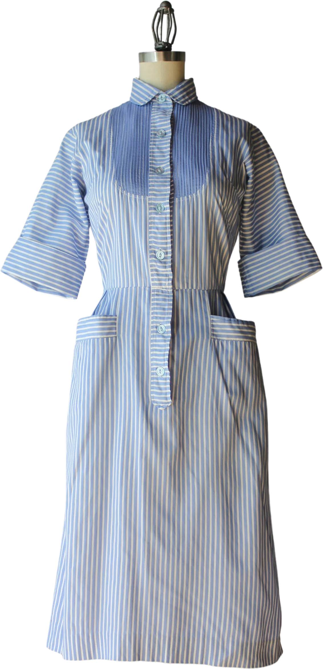 50s 60s Blue and White Pin Tucked Bib Hip Pocket Fitted Cotton Day Dress by Westbury Fashions