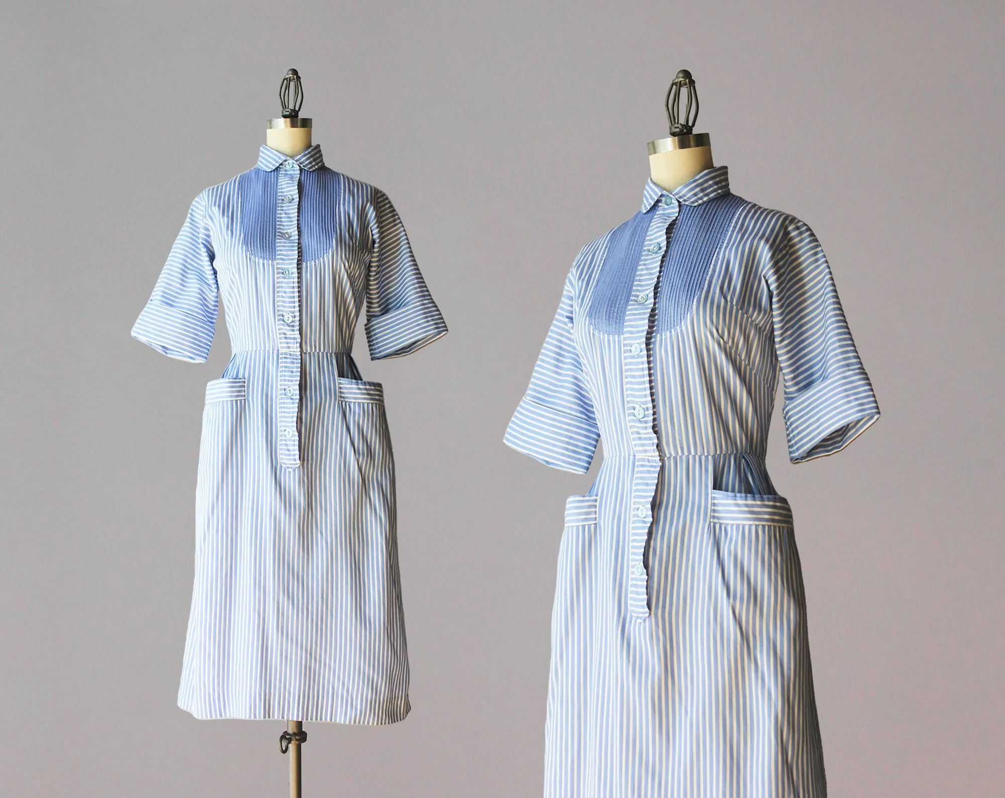 50s 60s Blue and White Pin Tucked Bib Hip Pocket Fitted Cotton Day Dress by Westbury Fashions - Image 3