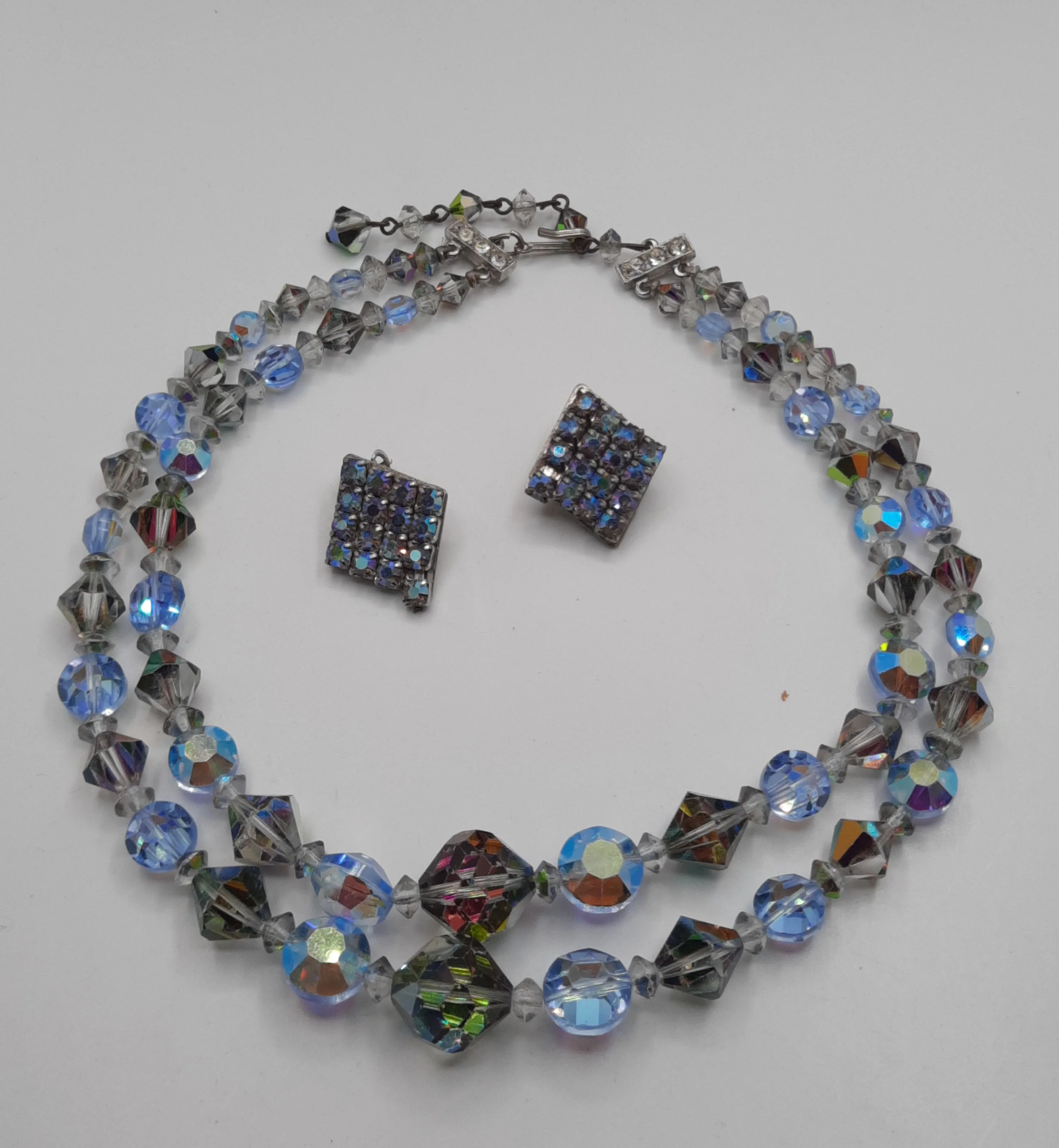 50s/60s Blue Crystal Necklace Clip Earrings Set - Image 3