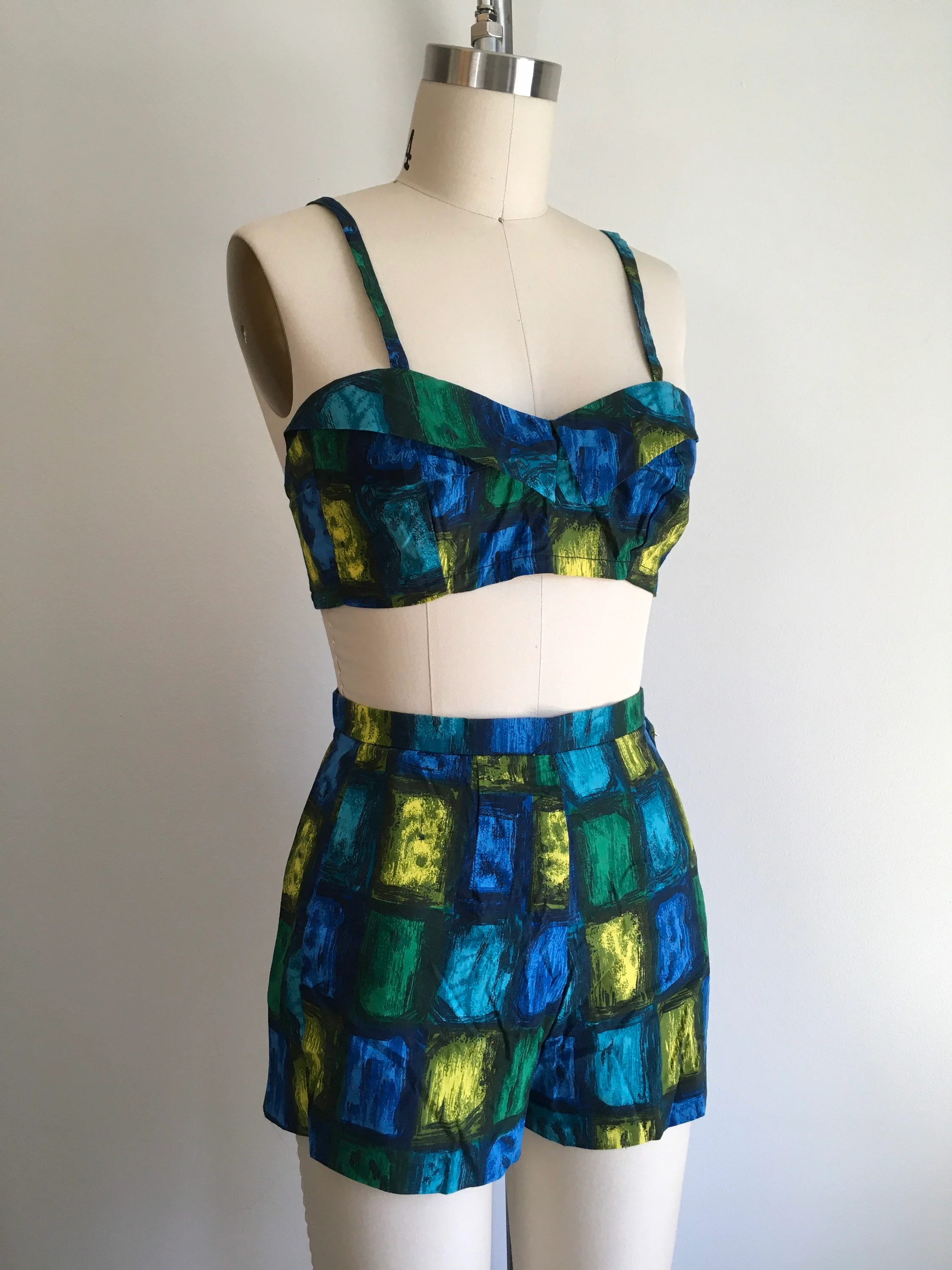 50's/60's Blue Green and Yellow Geometric Print Bikini by Myers - Image 4