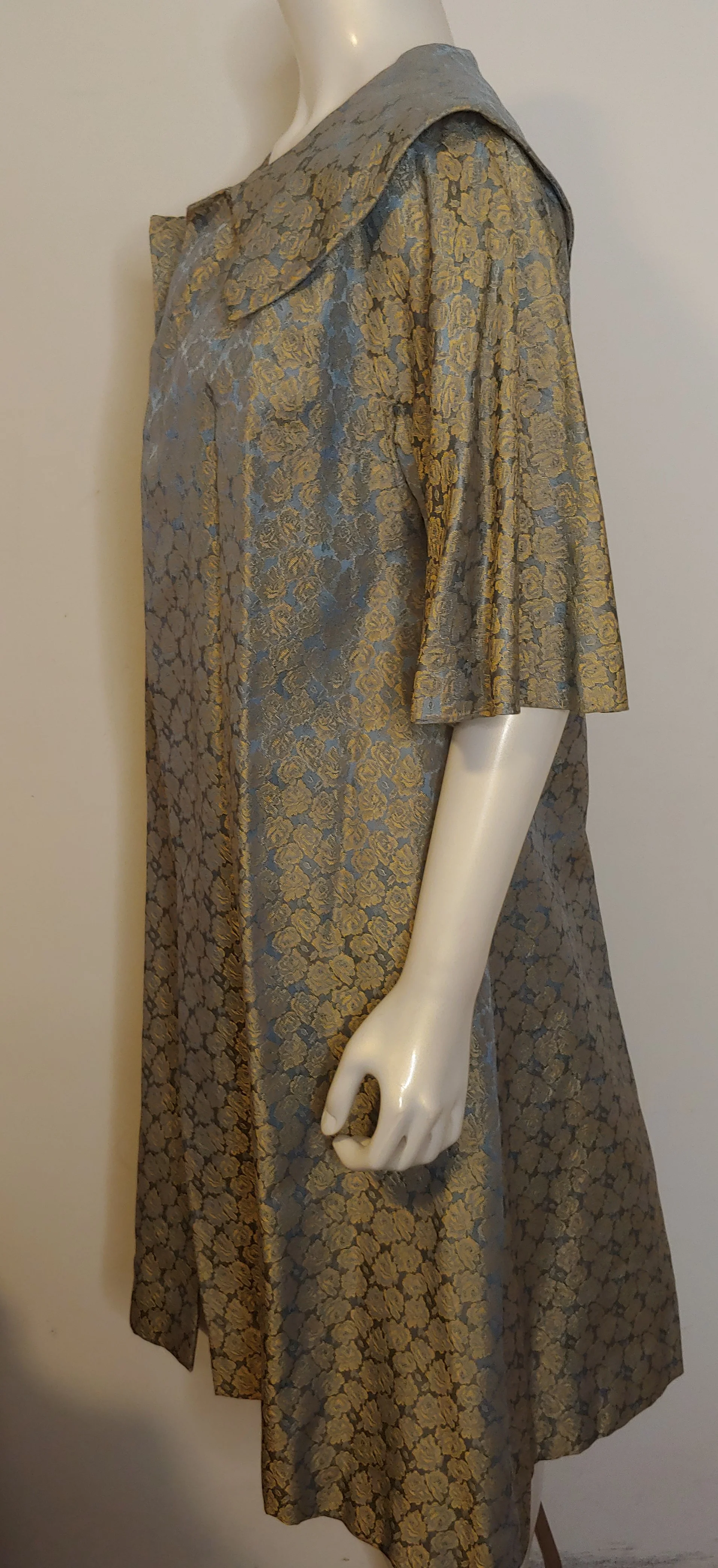 50s/60s Blue Green Jacquard Floral Evening Jacket Robe - Image 8