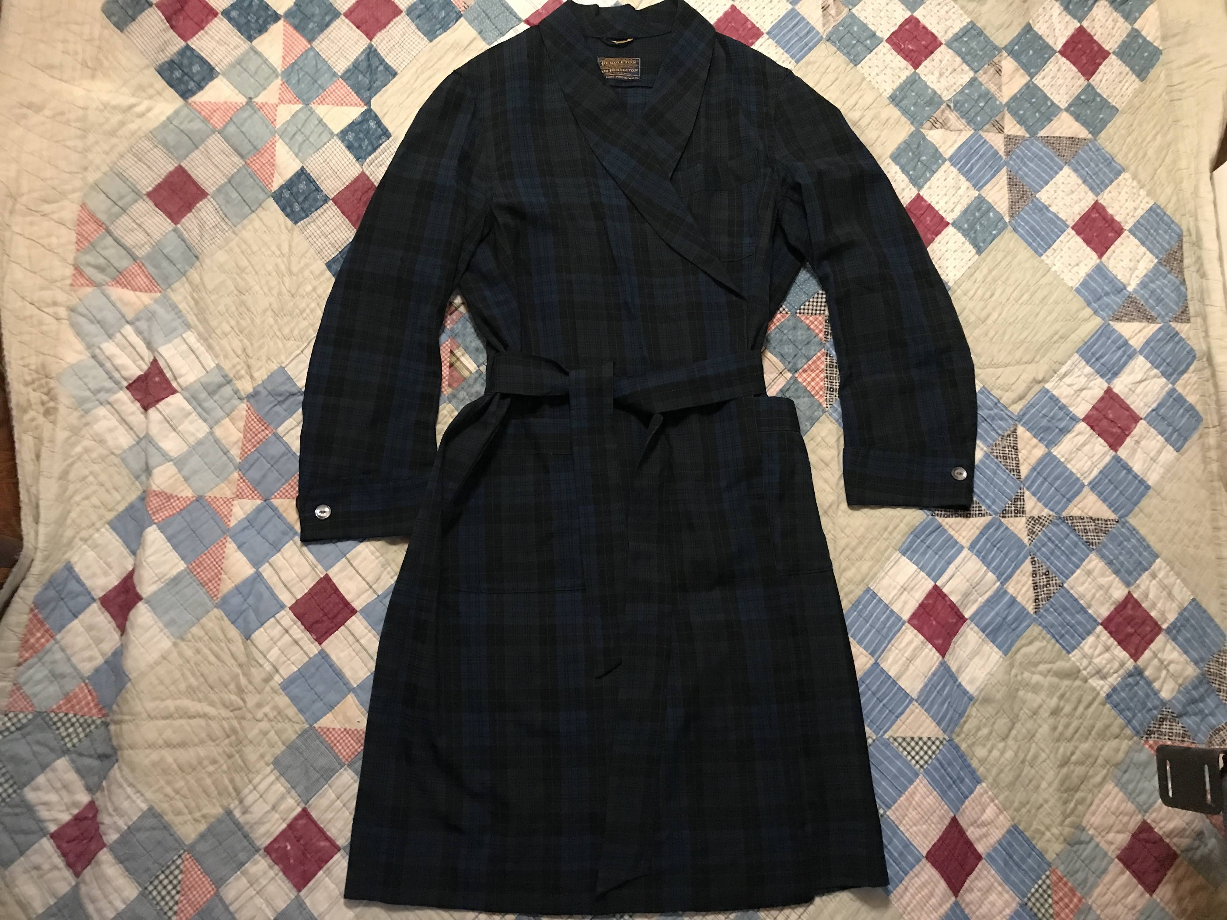 50s/60s Blue Green Tartan Plaid Men's Long Wool Robe By Pendleton - Image 5