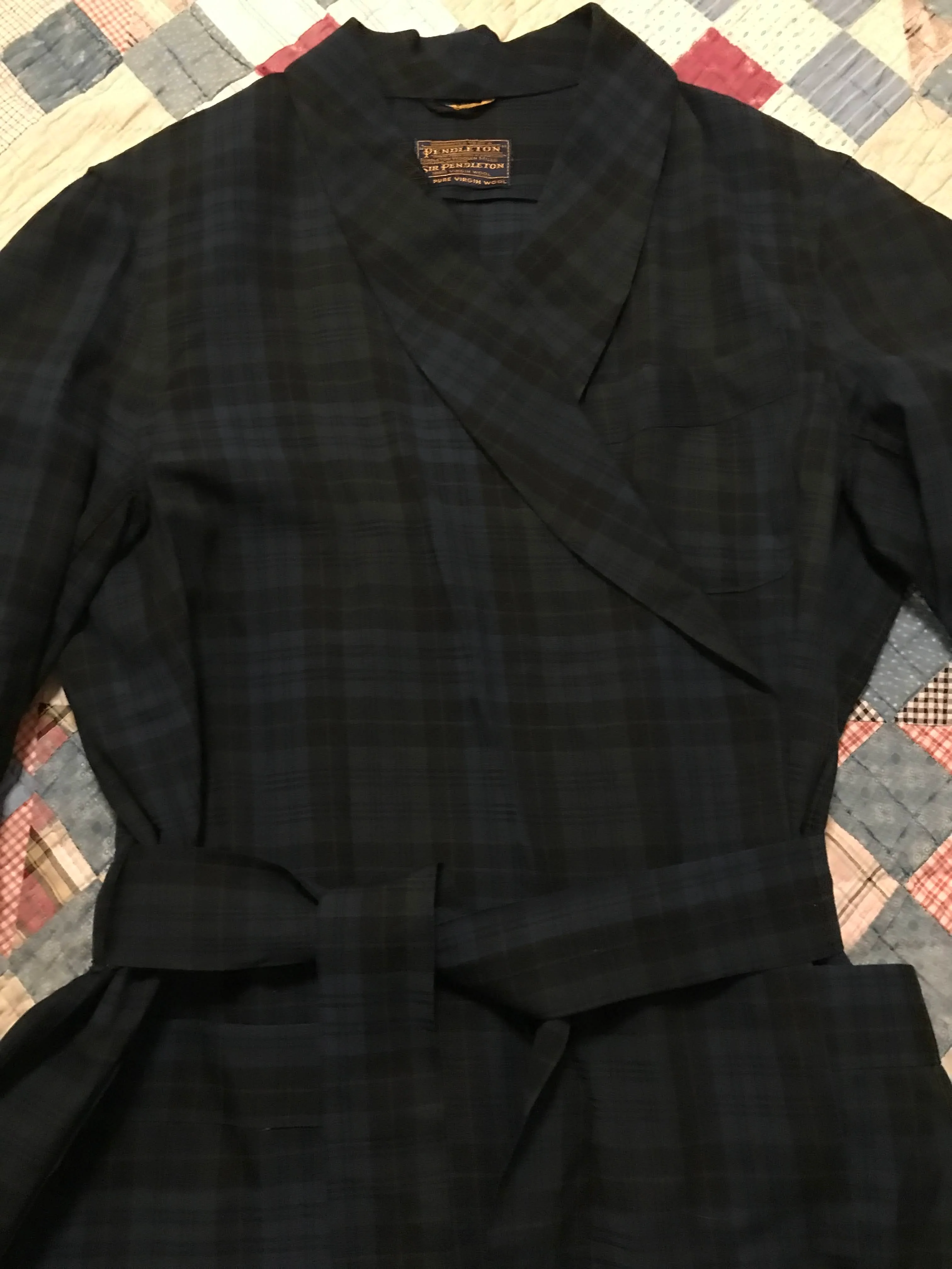50s/60s Blue Green Tartan Plaid Men's Long Wool Robe By Pendleton - Image 8