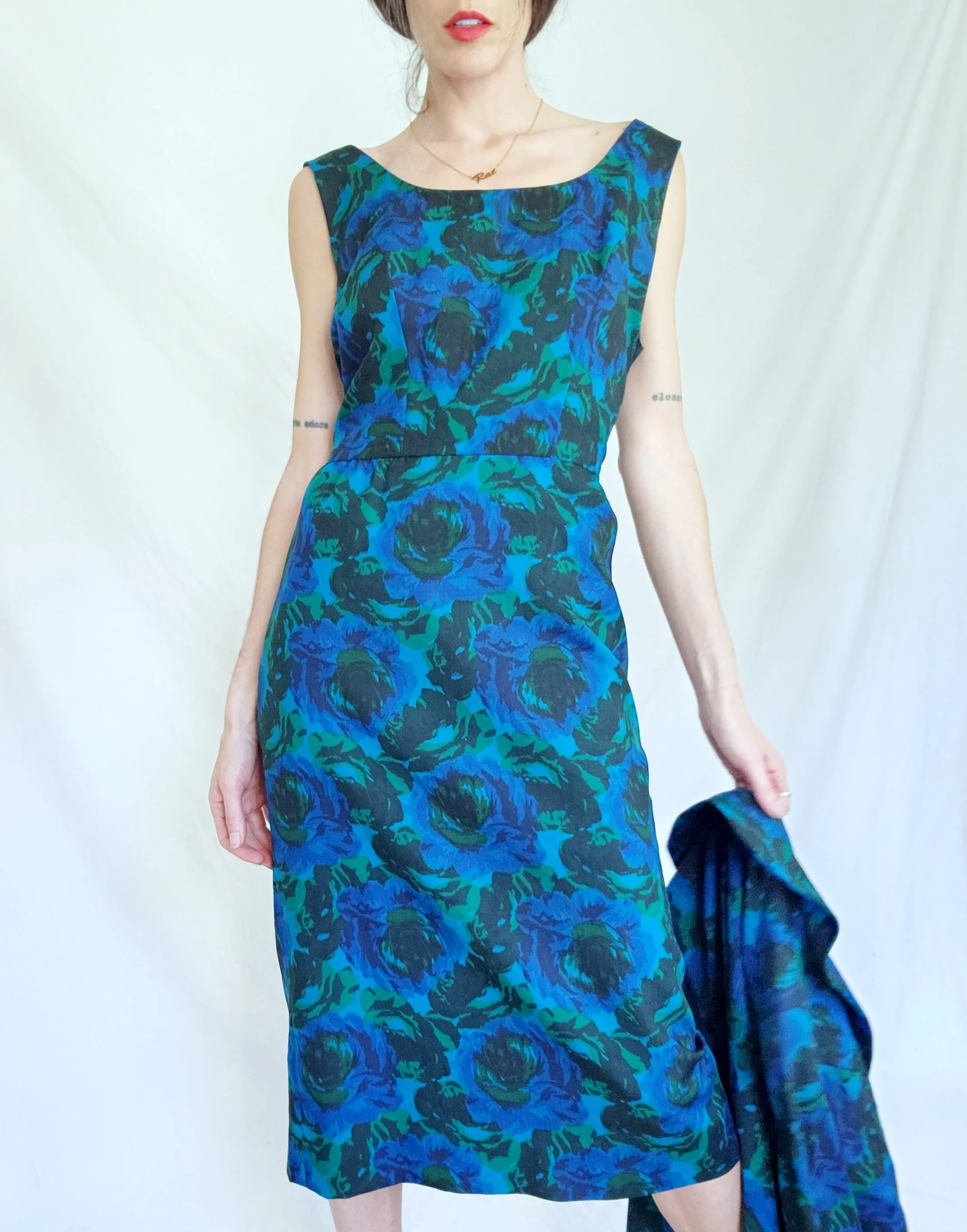 50s/60s Blue Rose Wiggle Dress And Cocktail Jacket Set By Leonard Arkin - Designers Shop - Image 4