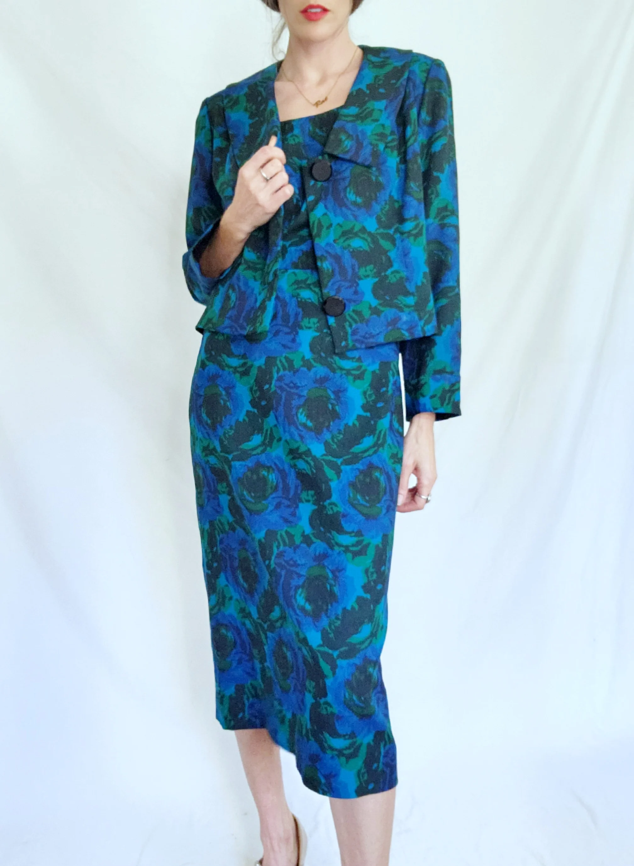 50s/60s Blue Rose Wiggle Dress And Cocktail Jacket Set By Leonard Arkin - Designers Shop - Image 7