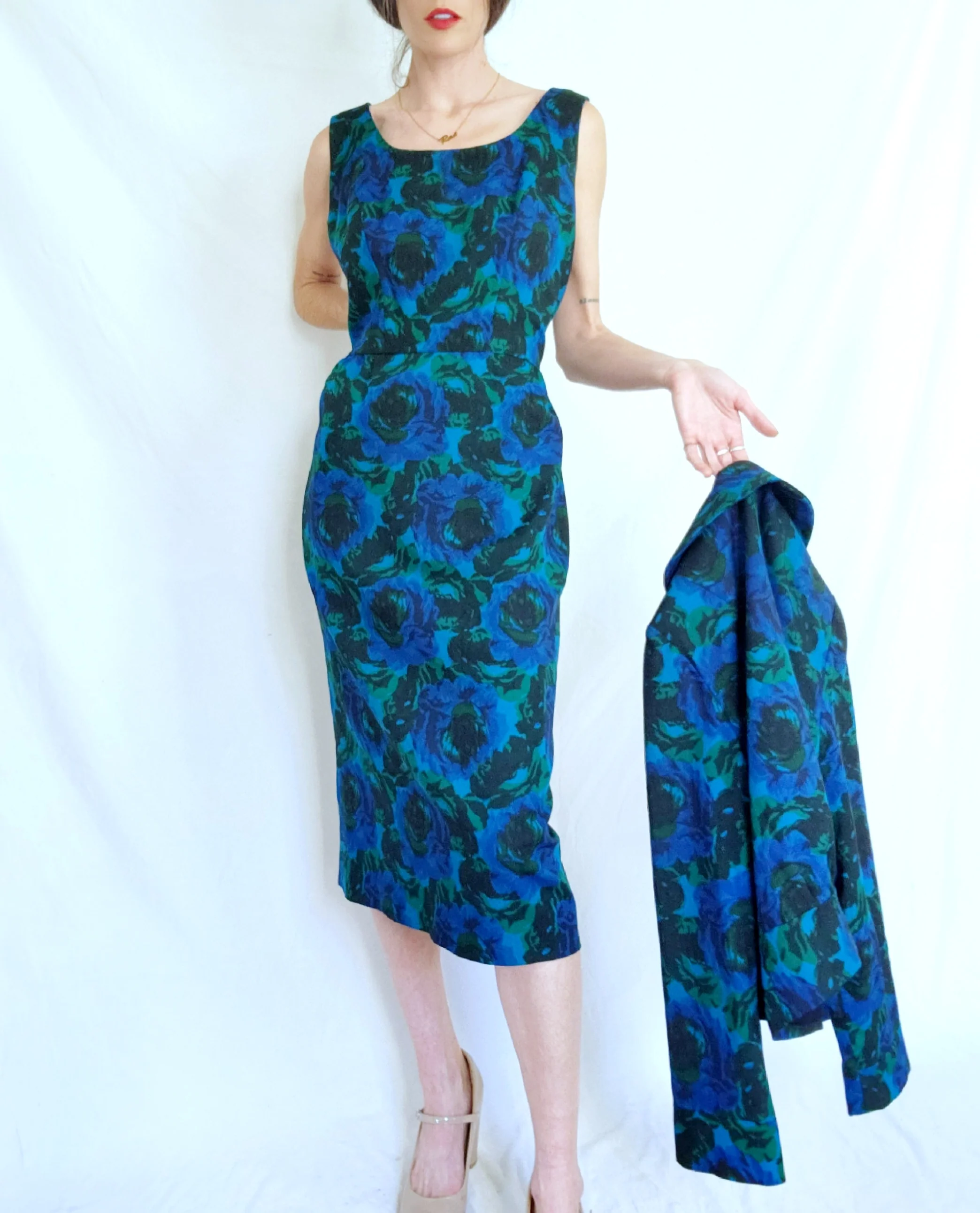 50s/60s Blue Rose Wiggle Dress And Cocktail Jacket Set By Leonard Arkin - Designers Shop - Image 9