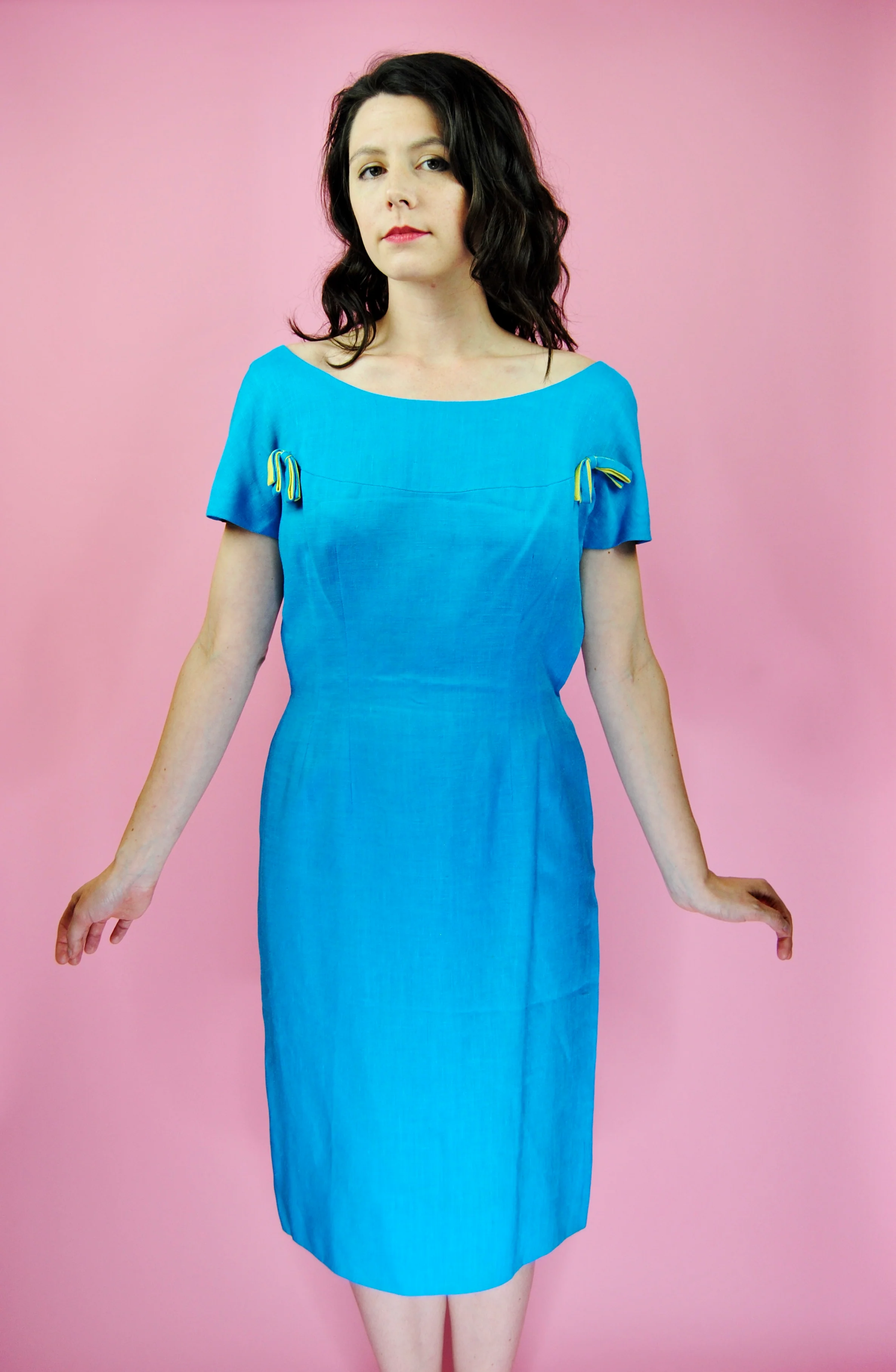 50s/60s Bright Blue Linen Dress With Chartruese Details By Anne Fogarty - Image 10