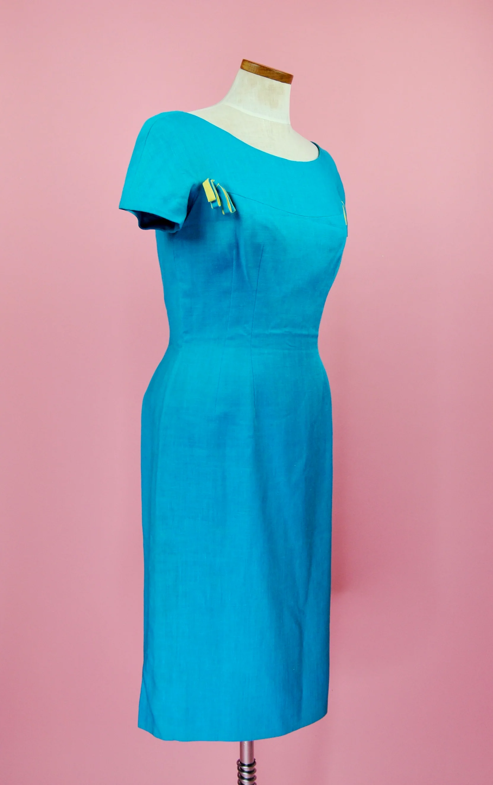 50s/60s Bright Blue Linen Dress With Chartruese Details By Anne Fogarty - Image 11