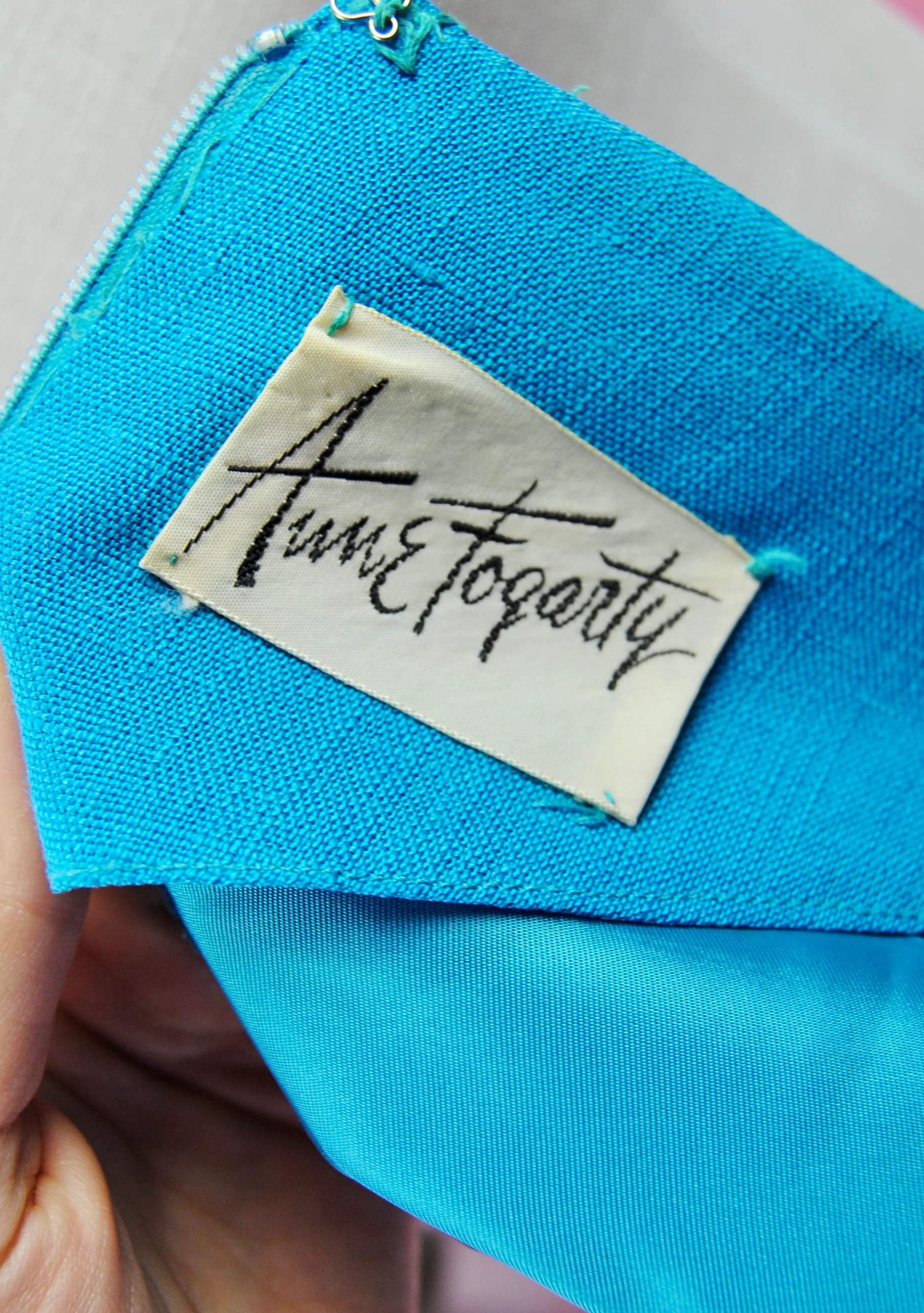 50s/60s Bright Blue Linen Dress With Chartruese Details By Anne Fogarty - Image 12