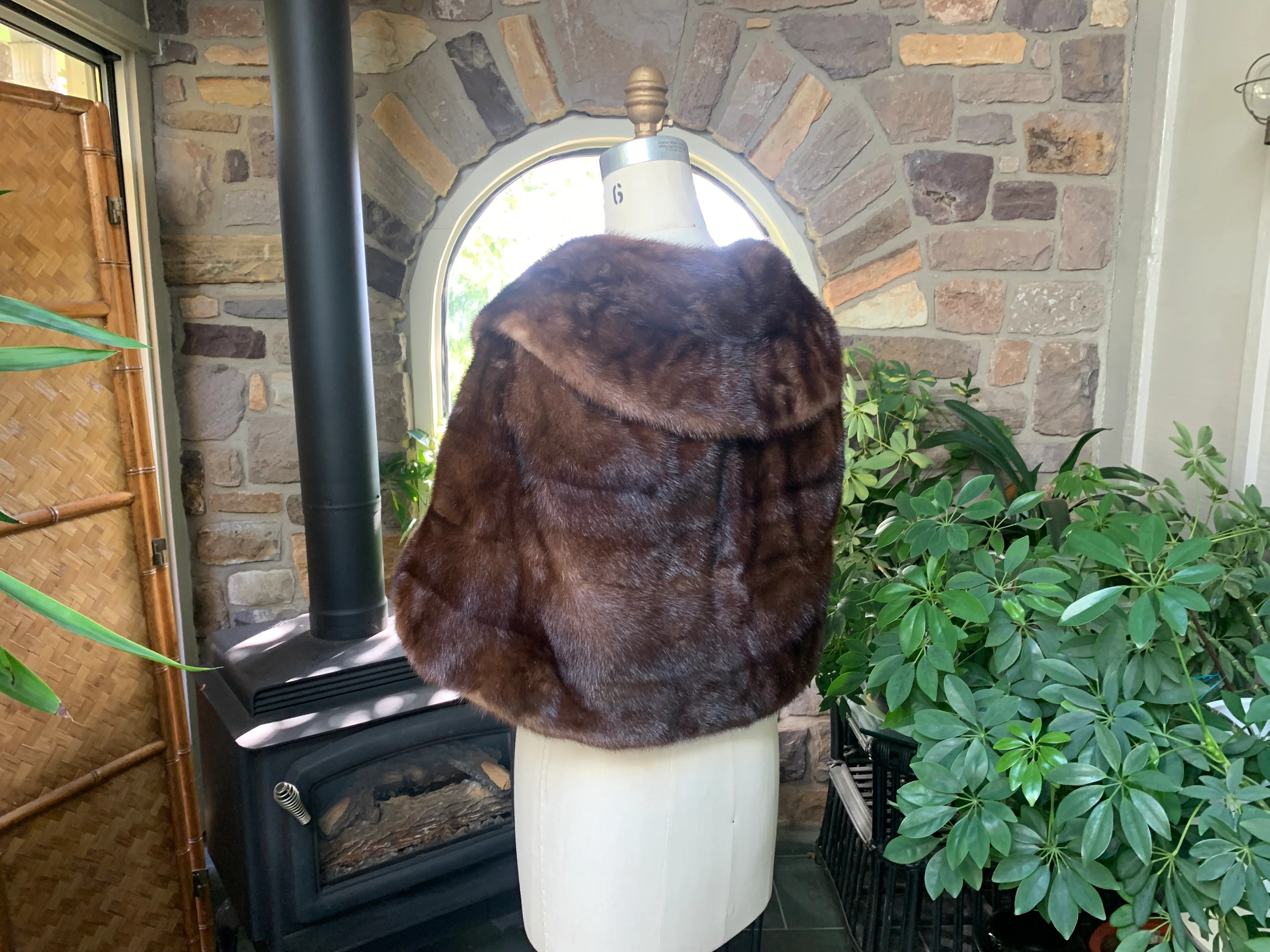 50s/60s Brown Mink Button Front Capelet Babe C Monogram - Image 6